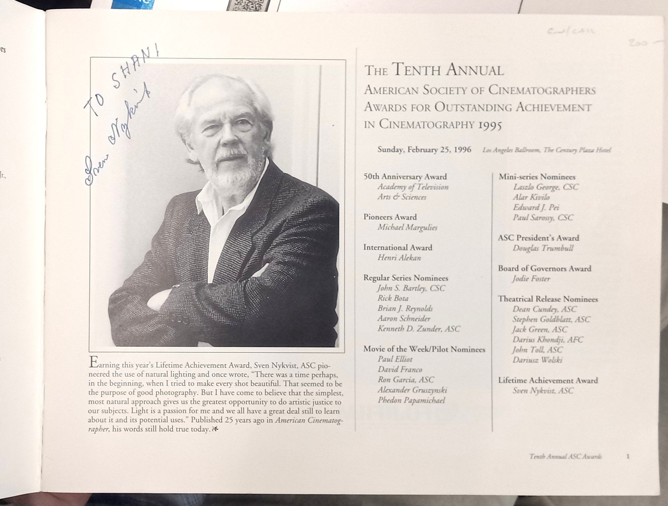 The Tenth Annual American Society of Cinematographers Awards contents page with inscription and signature of Sven Nykvist