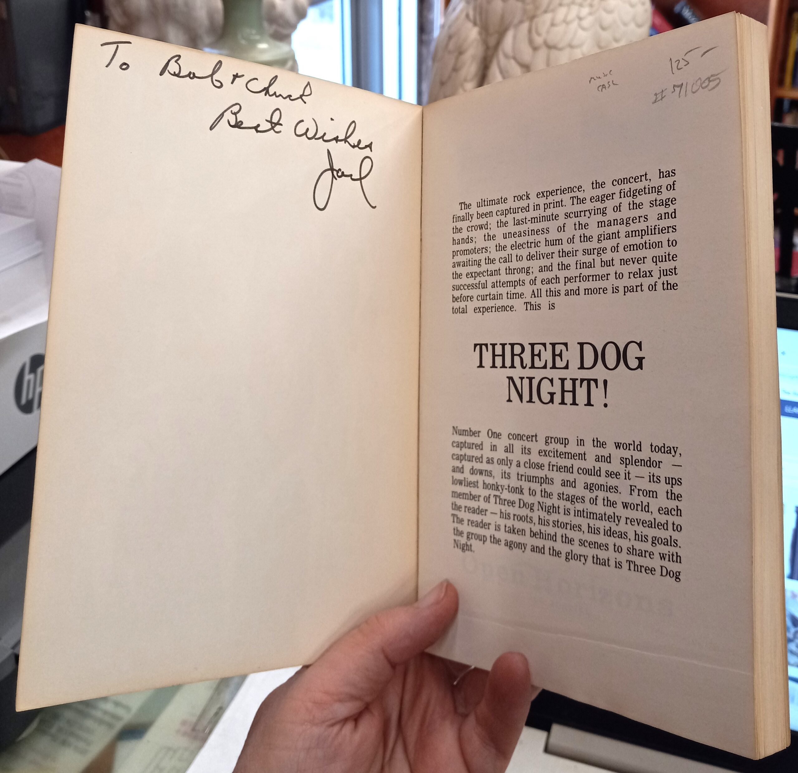 Three Dog Night author's signature inside front cover