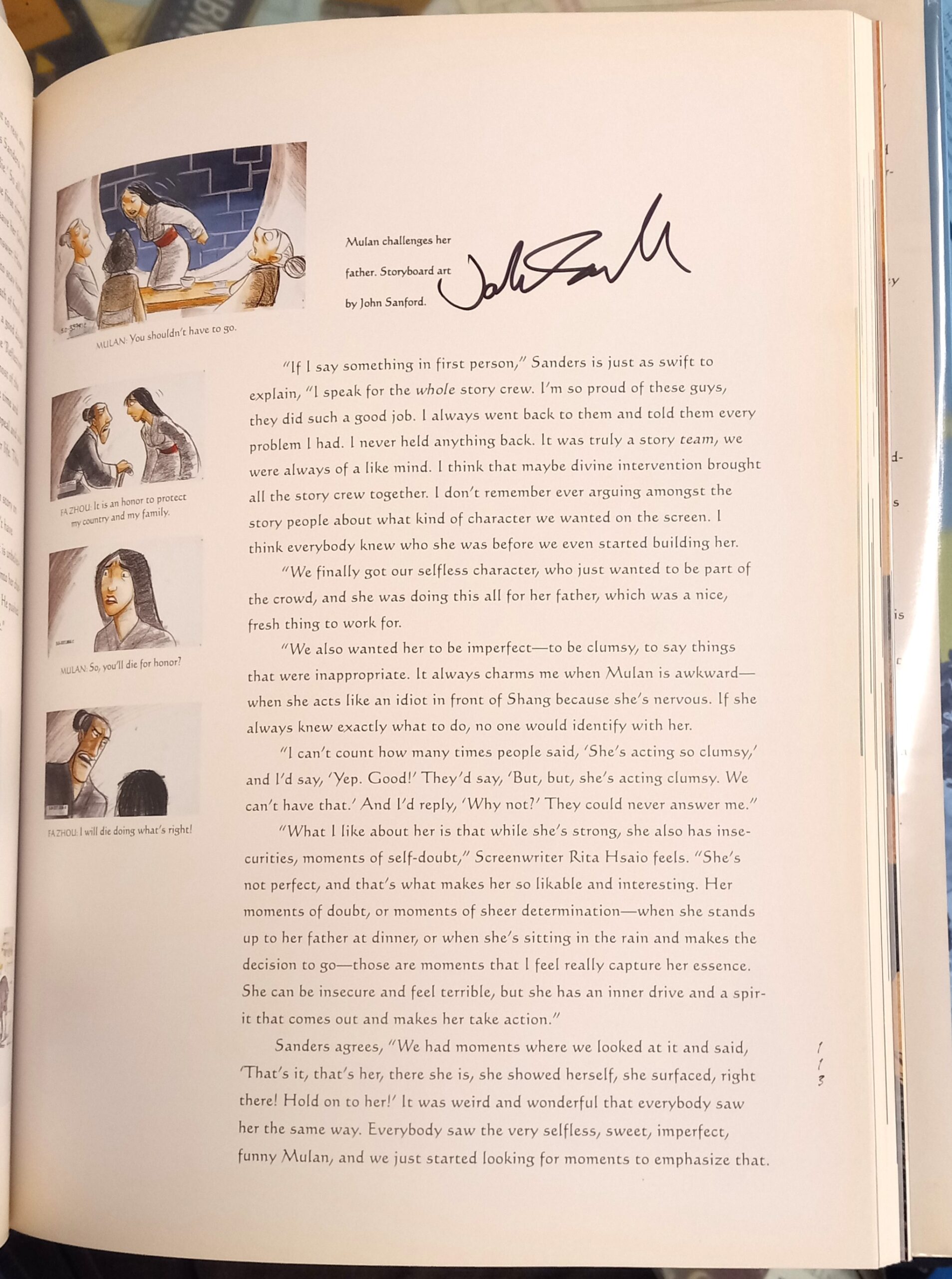 The Art of Mulan page with John Sanford's signature
