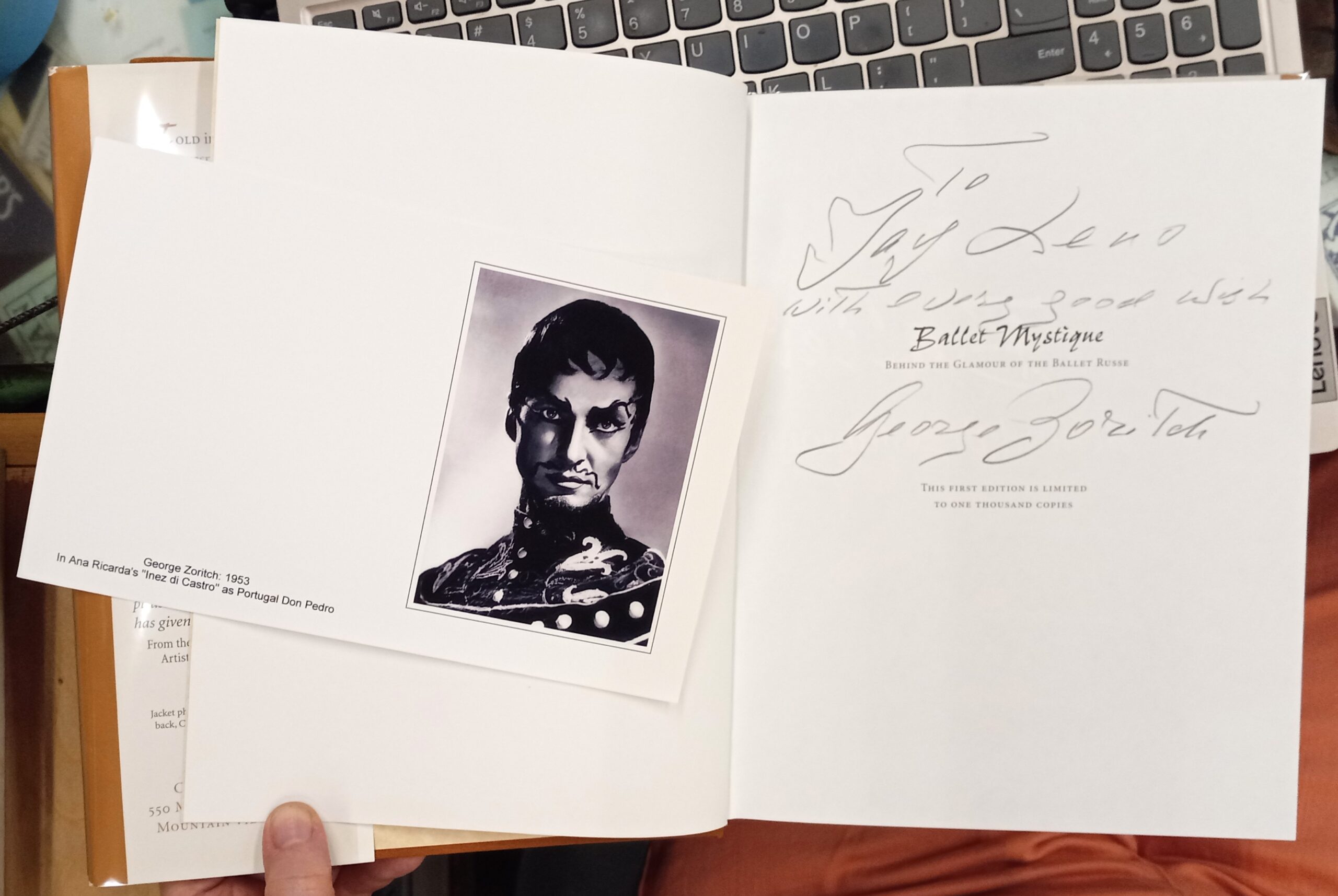 Ballet Mystique title page signed and inscribed by George Zoritch and laid-in card