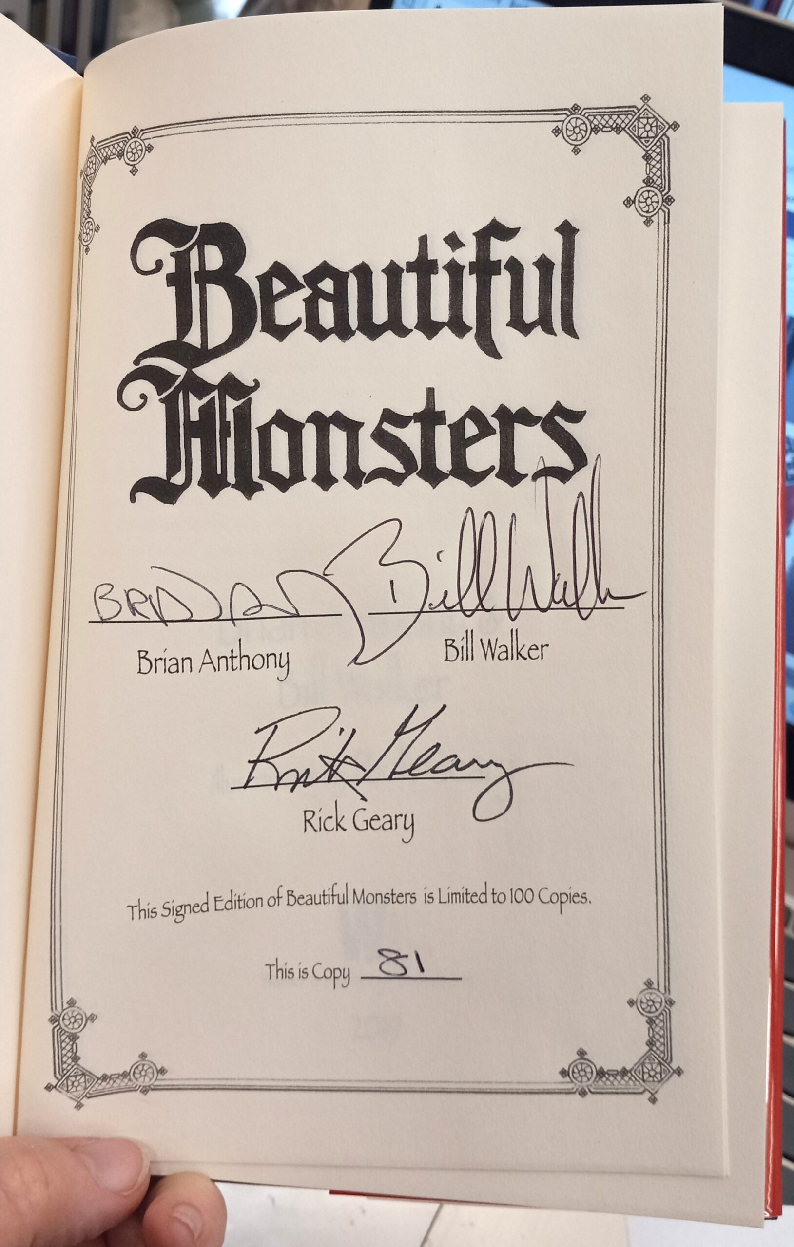 Beautiful Monsters limitation page with authors' and illustrator's signatures and number