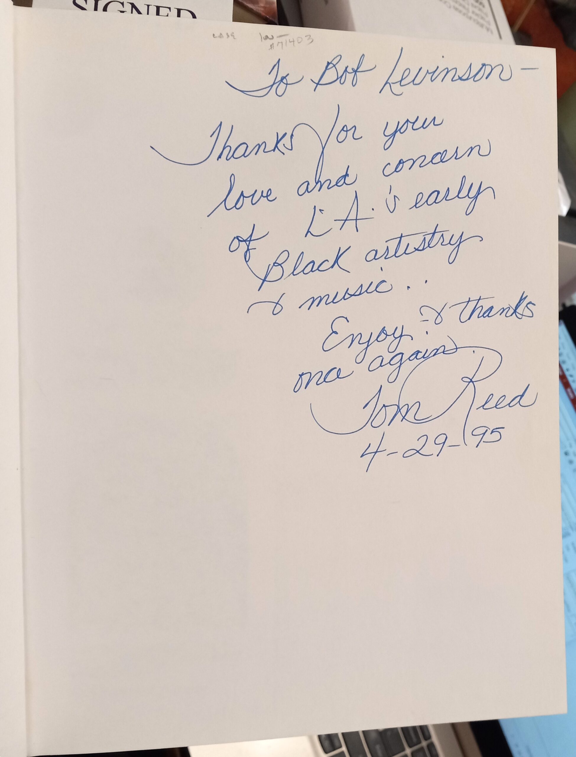 The Black Music History of Los Angeles, Its Roots front free endpaper with author's inscription and signature