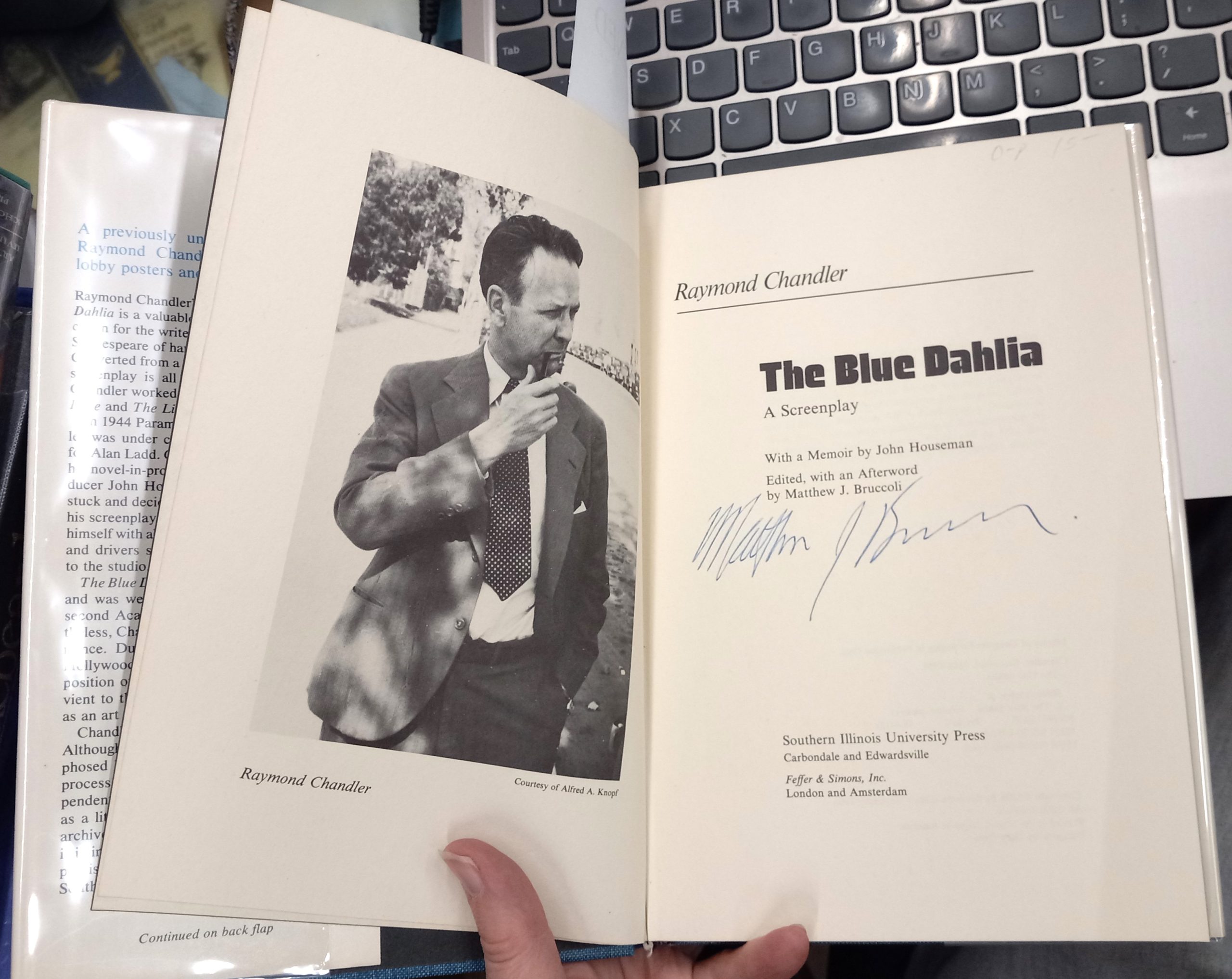 The Blue Dahlia title page with editor's signature and frontispiece