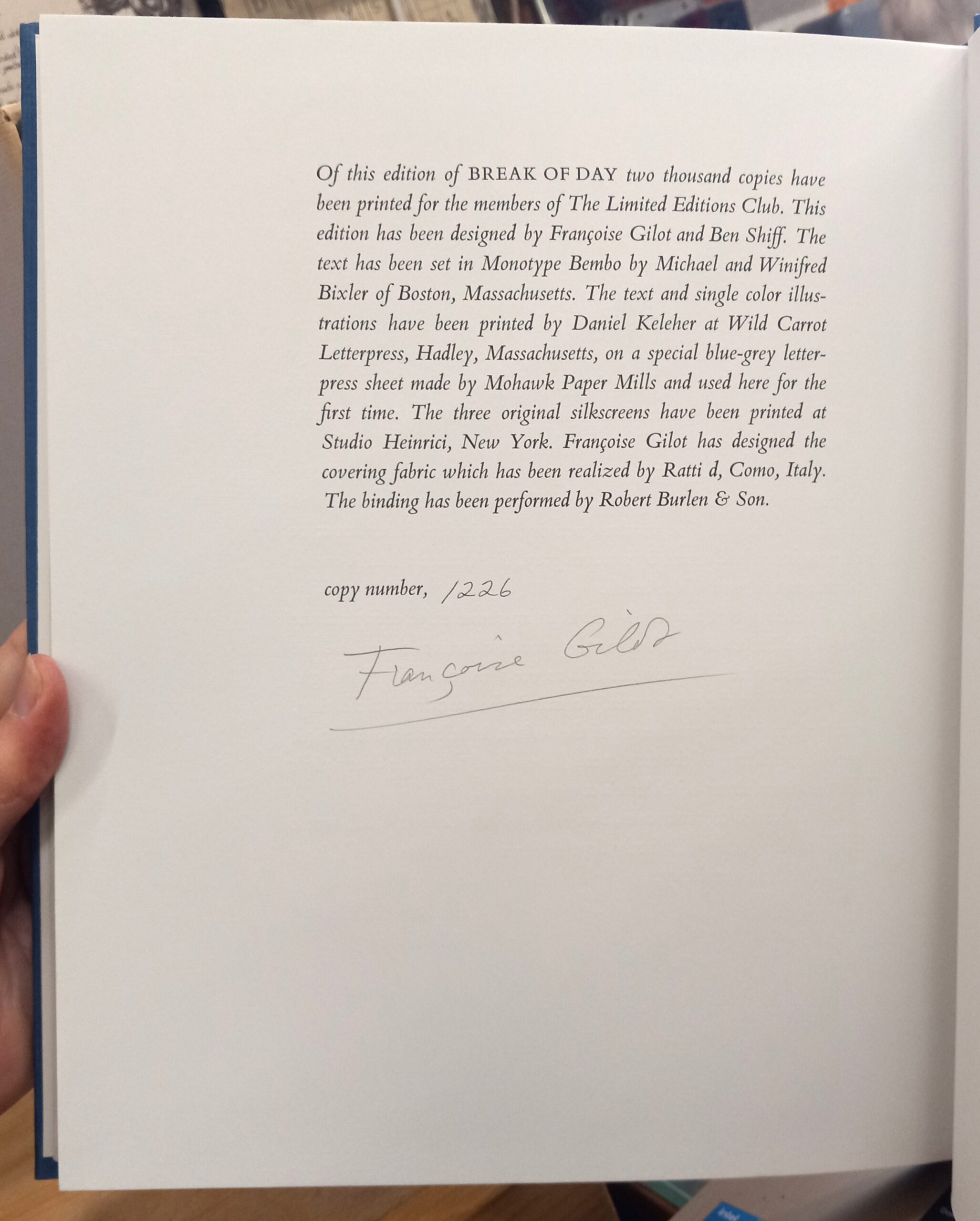 Break of Day limitation page with number and author's signature