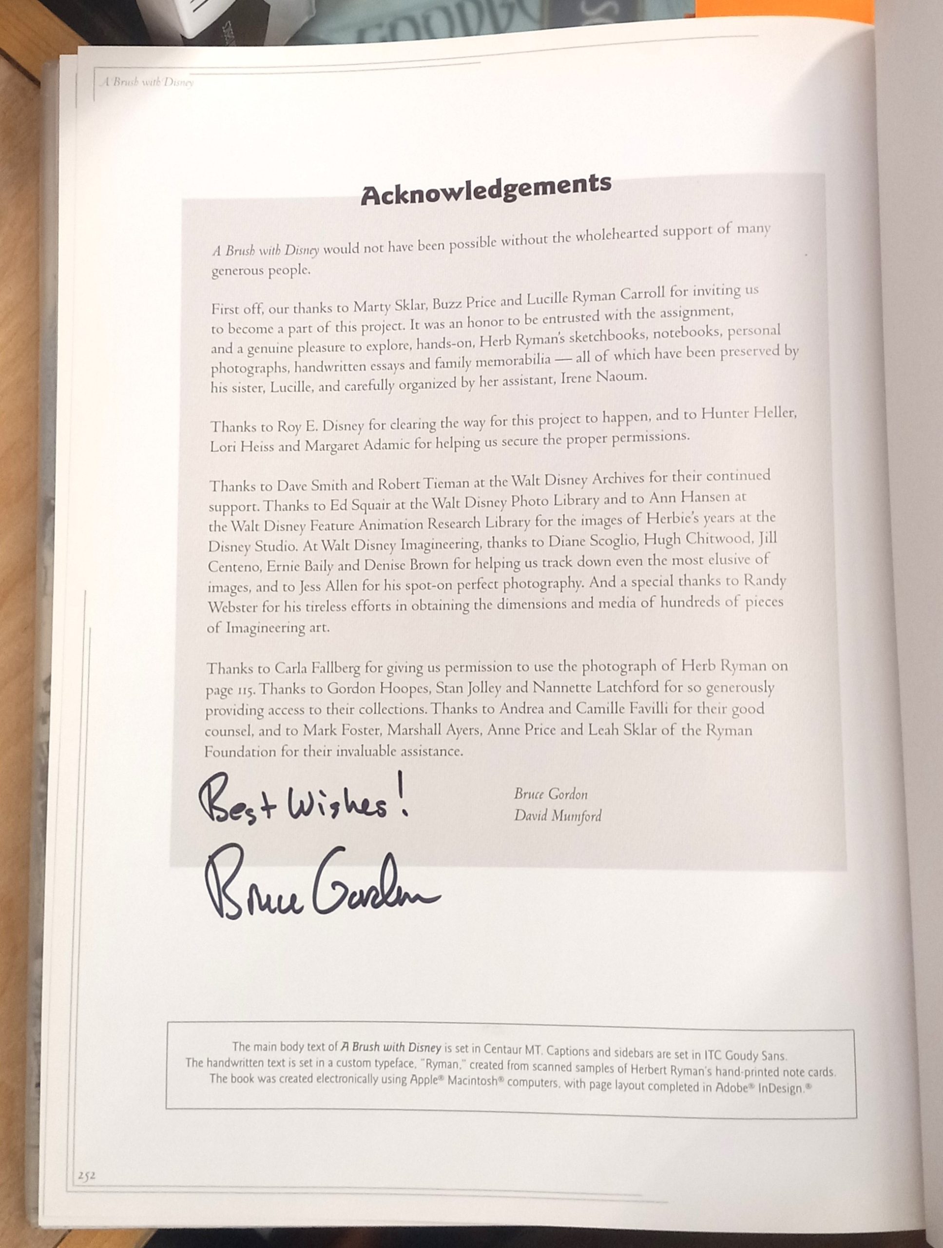 A Brush With Disney Acknowledgements page signed by Bruce Gordon