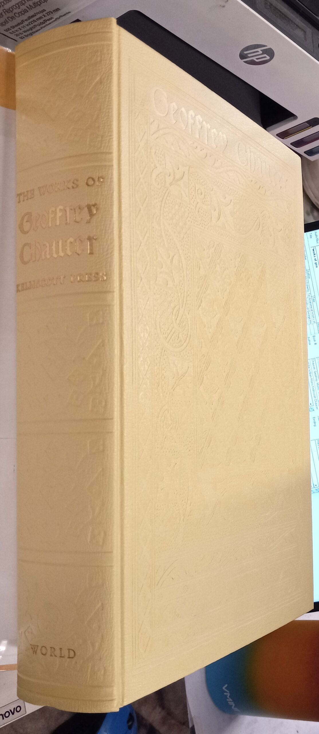 The Works of Geoffrey Chaucer binding spine and front board