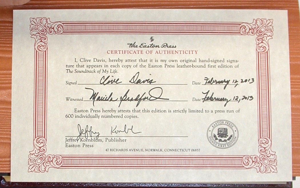 Clive Davis Certificate of Authenticity