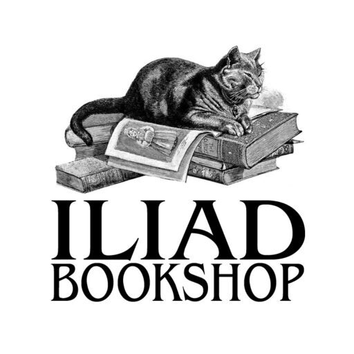 Iliad Bookshop logo of cat on top of books