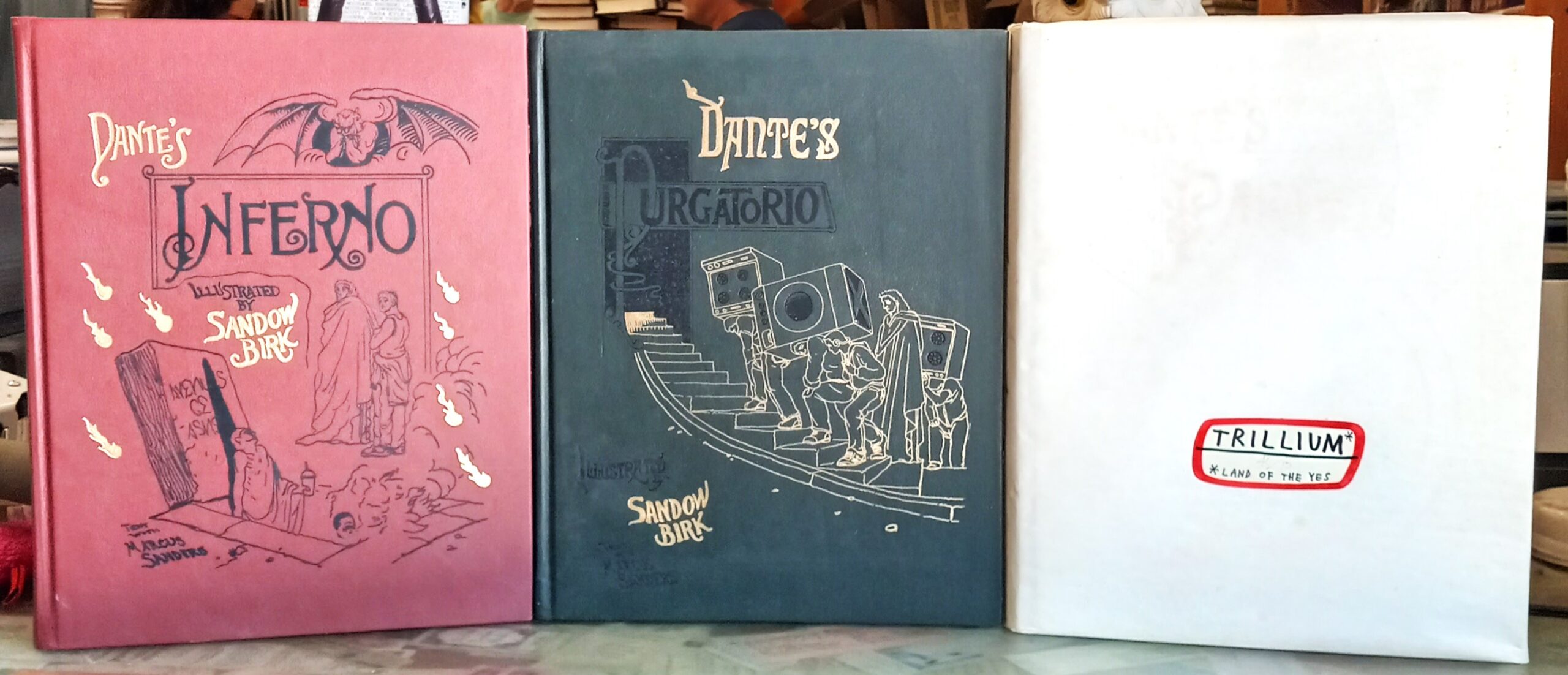 The Divine Comedy illustrated by Sandow Birk front covers of all three volumes