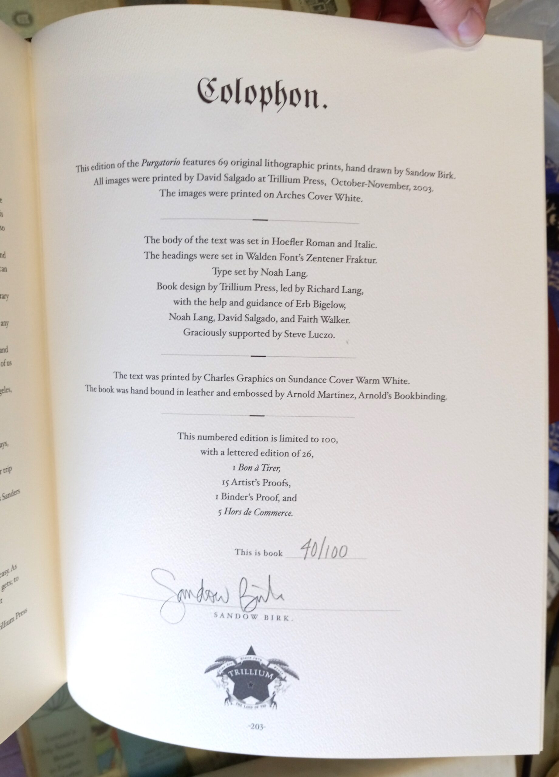 Limitation page for Purgatorio numbered and signed by Sandow Birk