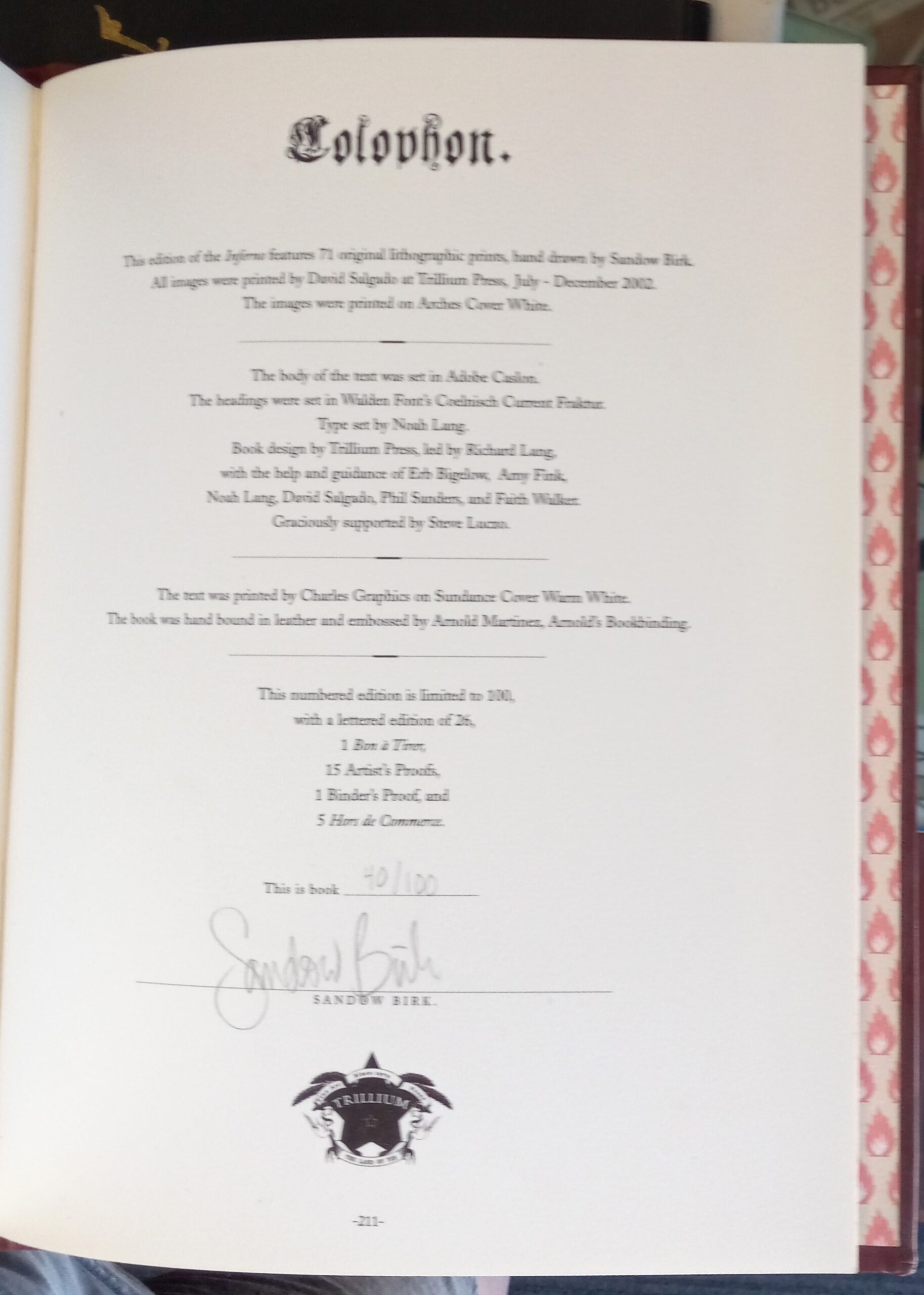 Limitation page for Inferno numbered and signed by Sandow Birk