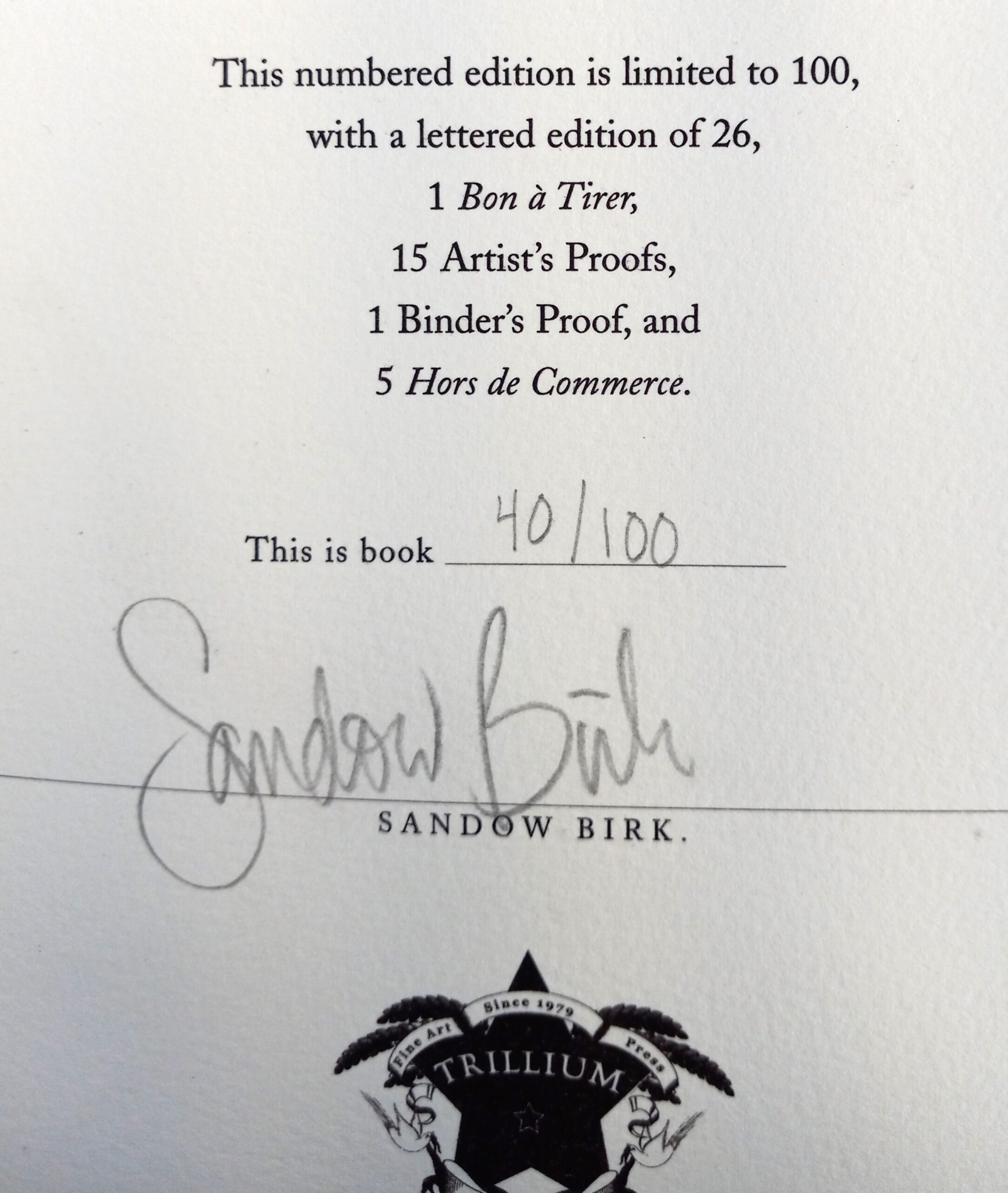 Sandow Birk signature and numbering (40/100) from limitation page for Inferno
