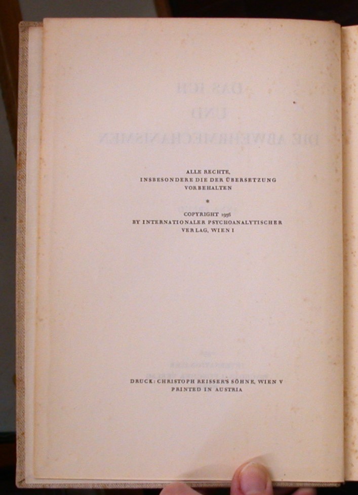 Das Ich und Die Abwehrmechanismen hardback copyright page
