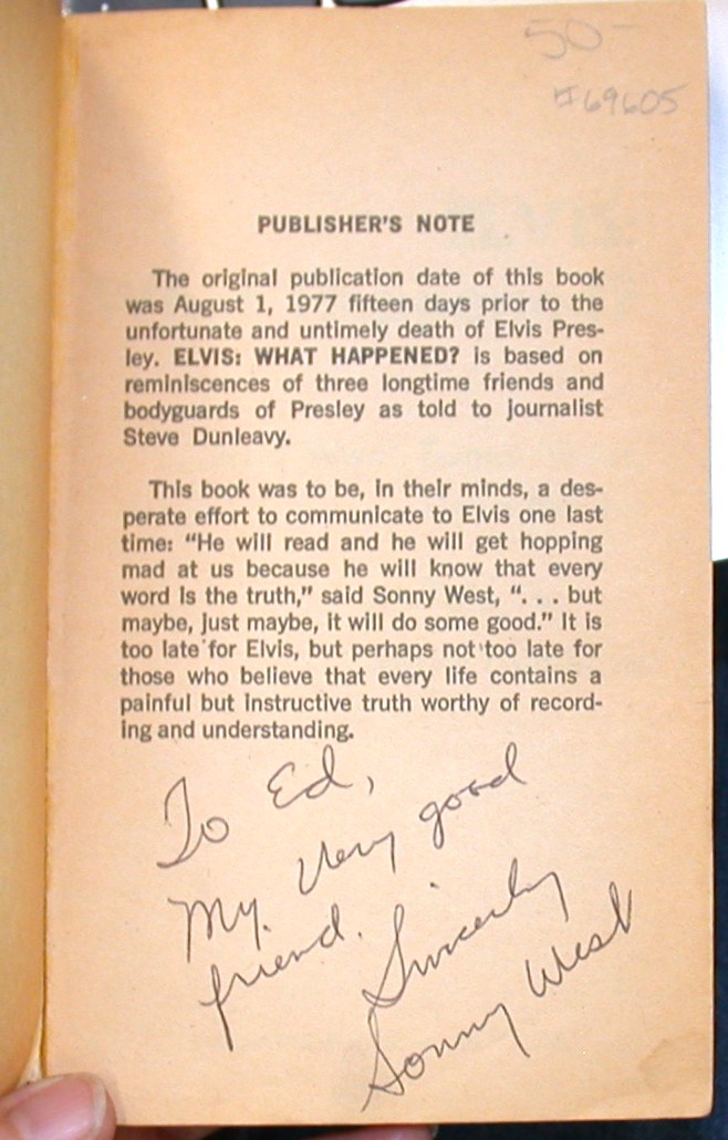 Elvis What Happened first page with author Sonny West's inscription and signature