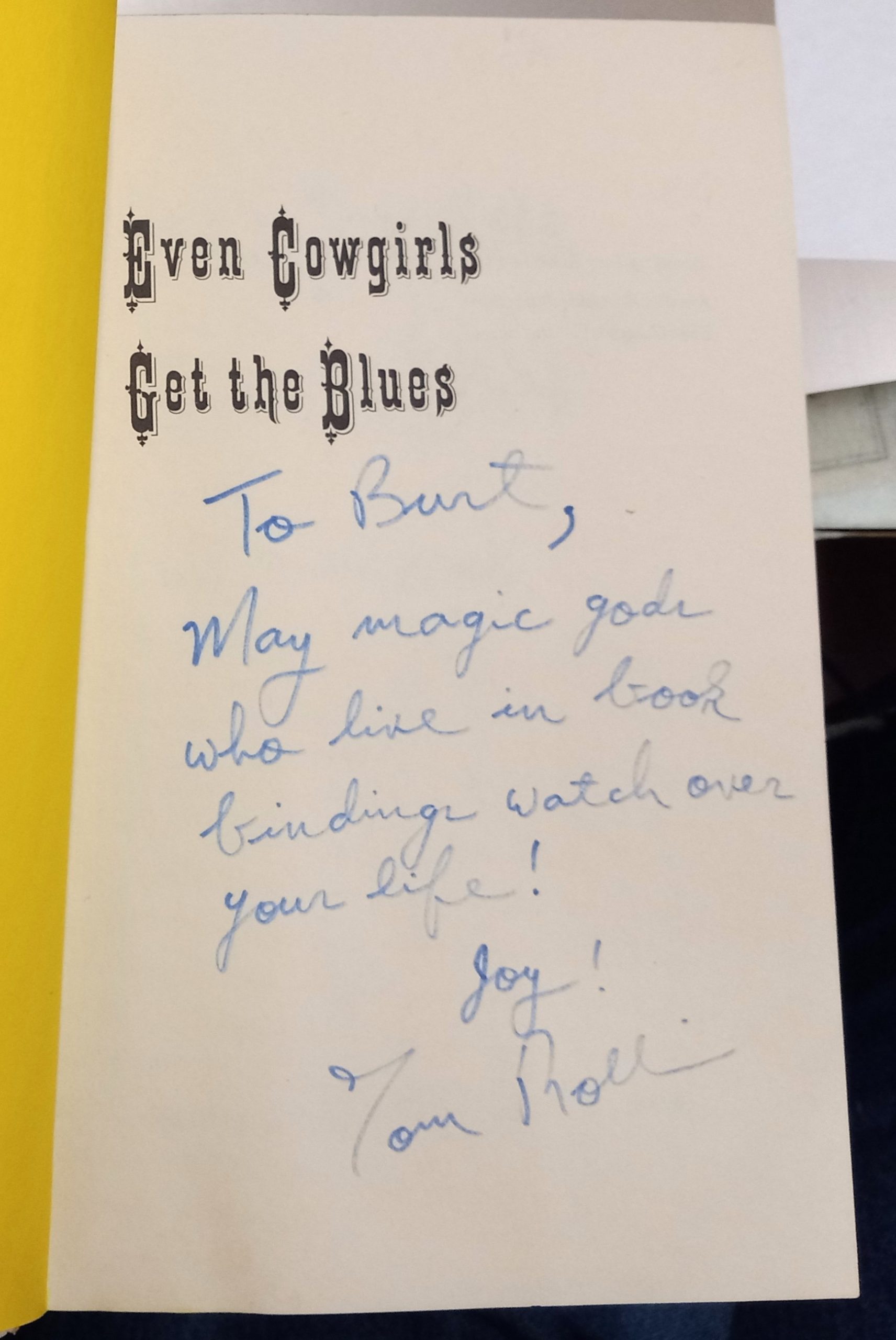 Even Cowgirls Get the Blues half-title page with author's inscription and signature