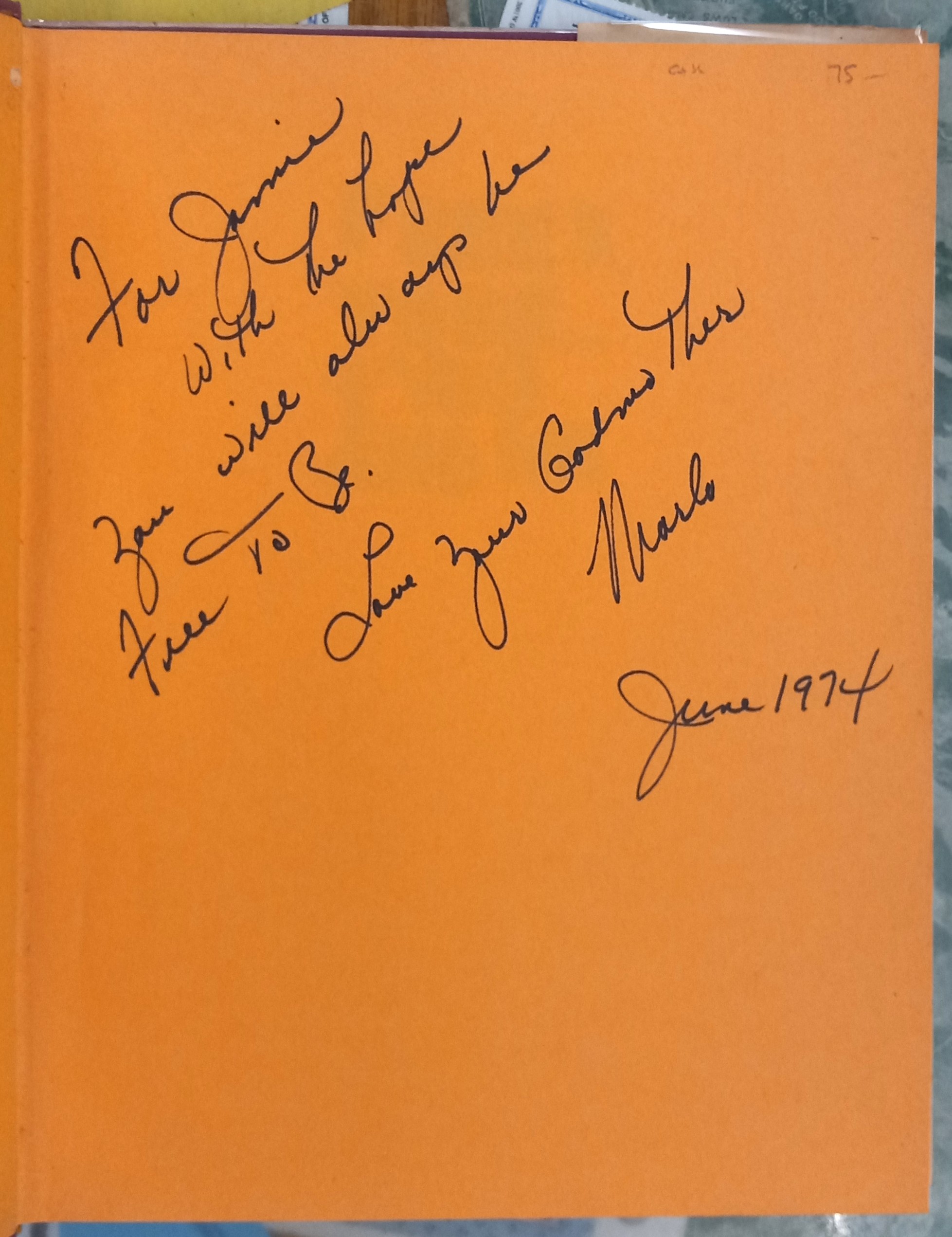 Free to Be You and Me front free endpaper with Marlo Thomas's inscription and signature