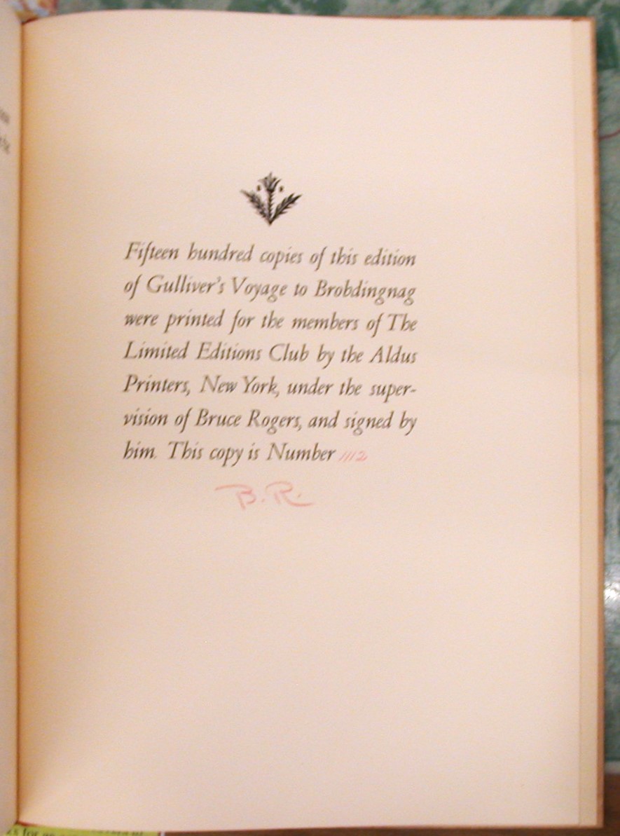 Gulliver's Voyage to Brobdingnag numbered limitation page with initials of Bruce Rogers