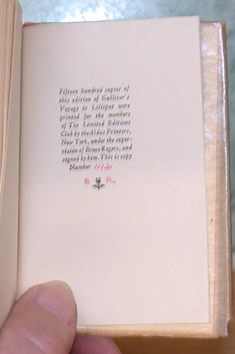 Gulliver's Voyage to Brobdingnag numbered limitation page with initials of Bruce Rogers