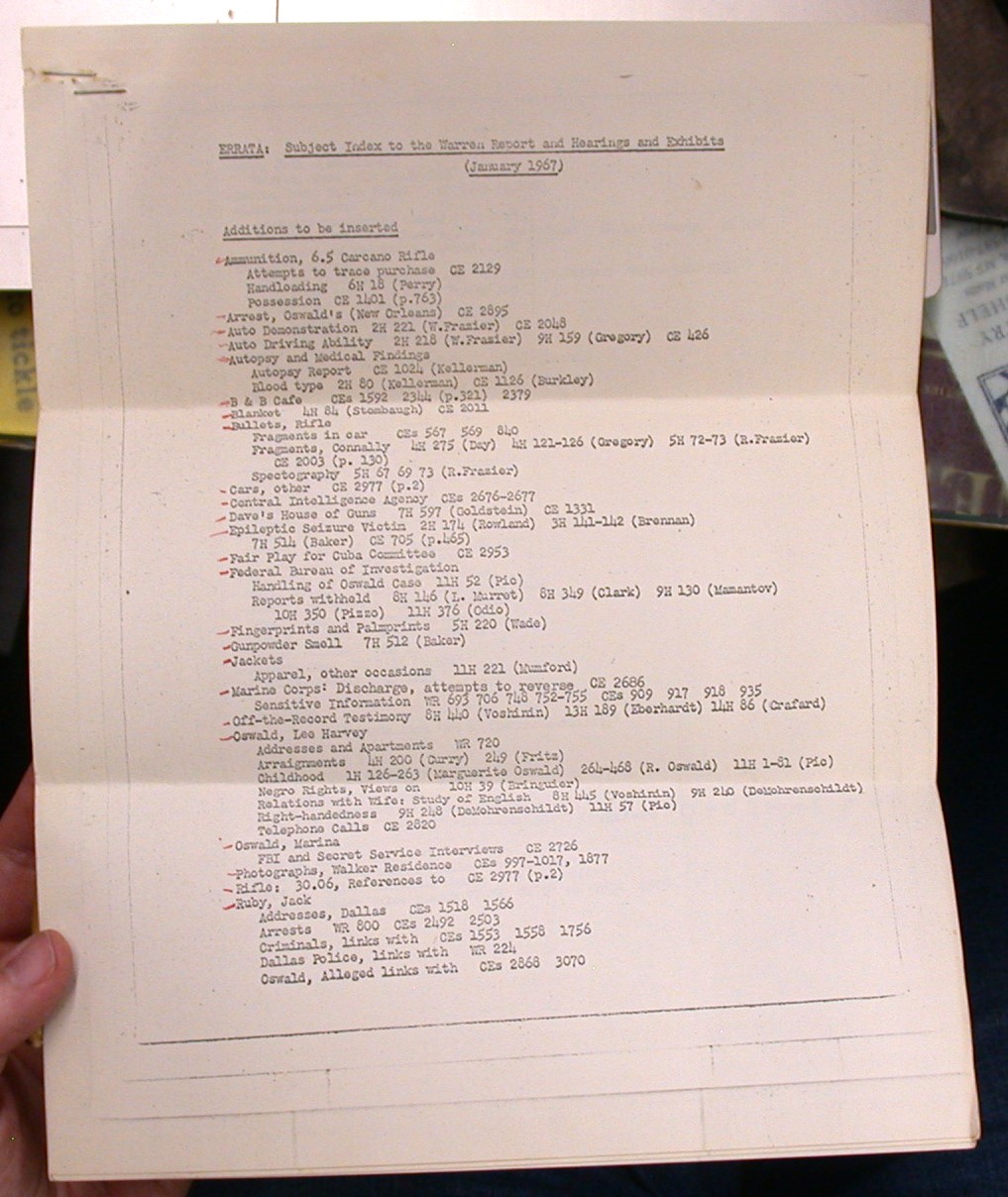 Subject Index to the Warren Report errata pages