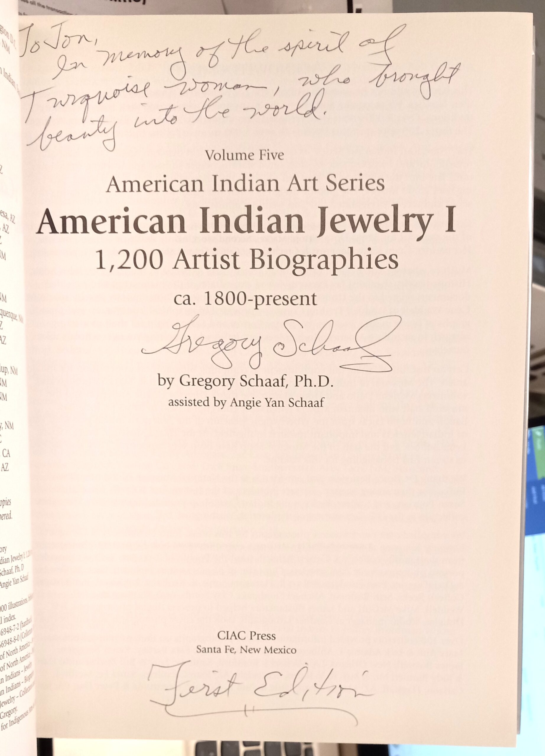 American Indian Jewelry 1 title page with Gregory Schaaf's inscription and signature