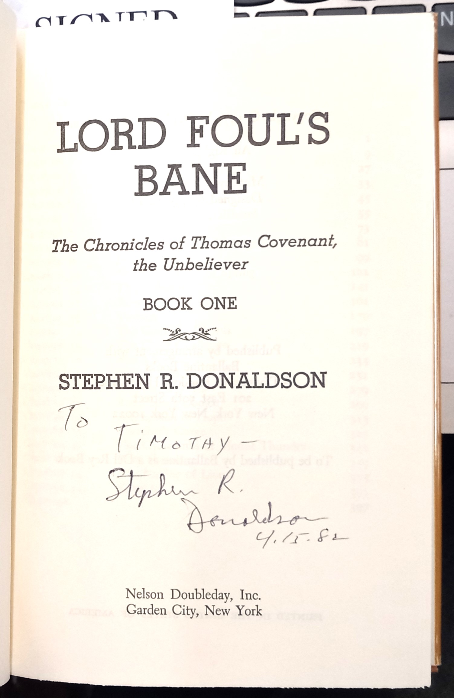 Lord Foul's Bane title page with author's inscription and signature