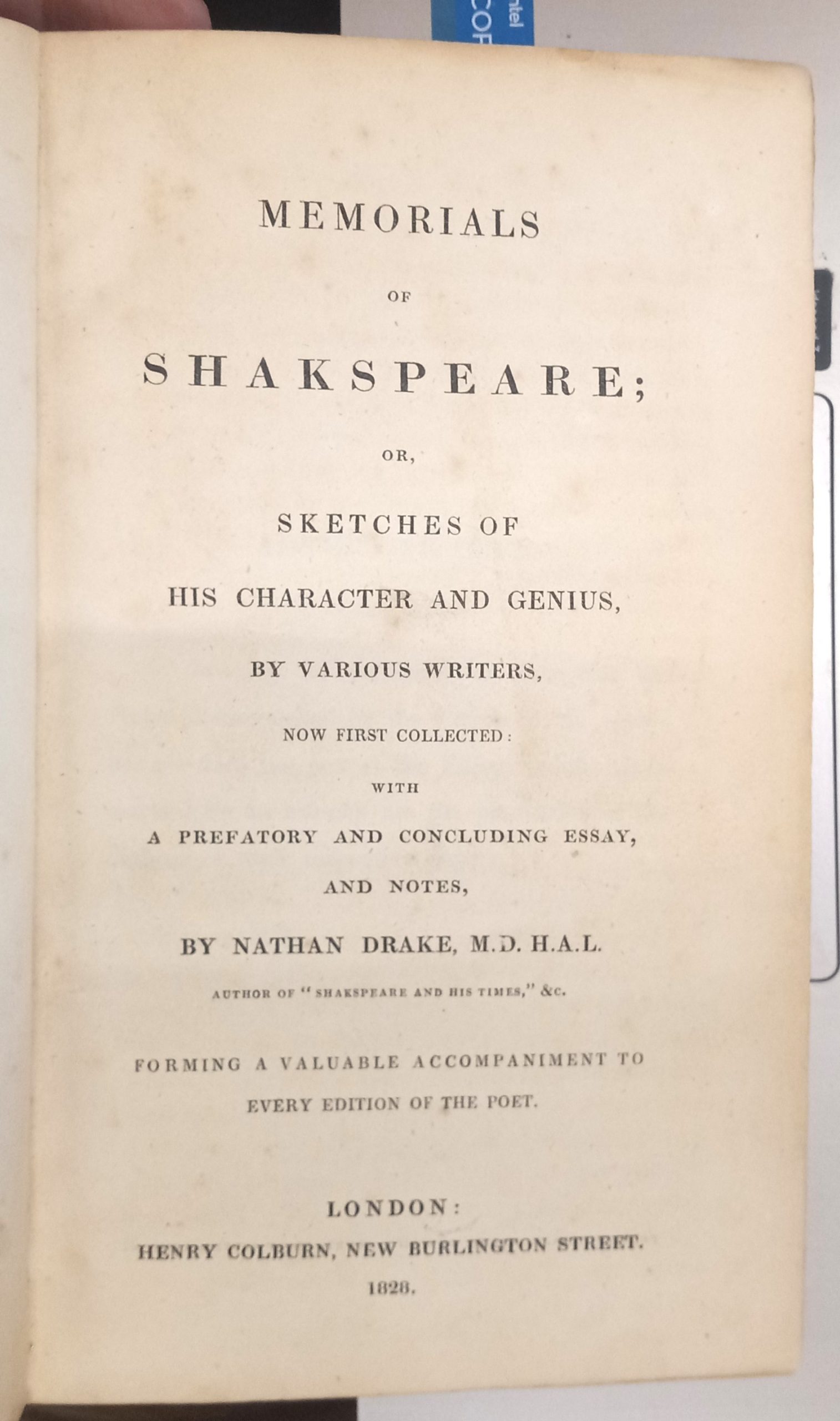 Memorials of Shakspeare title page