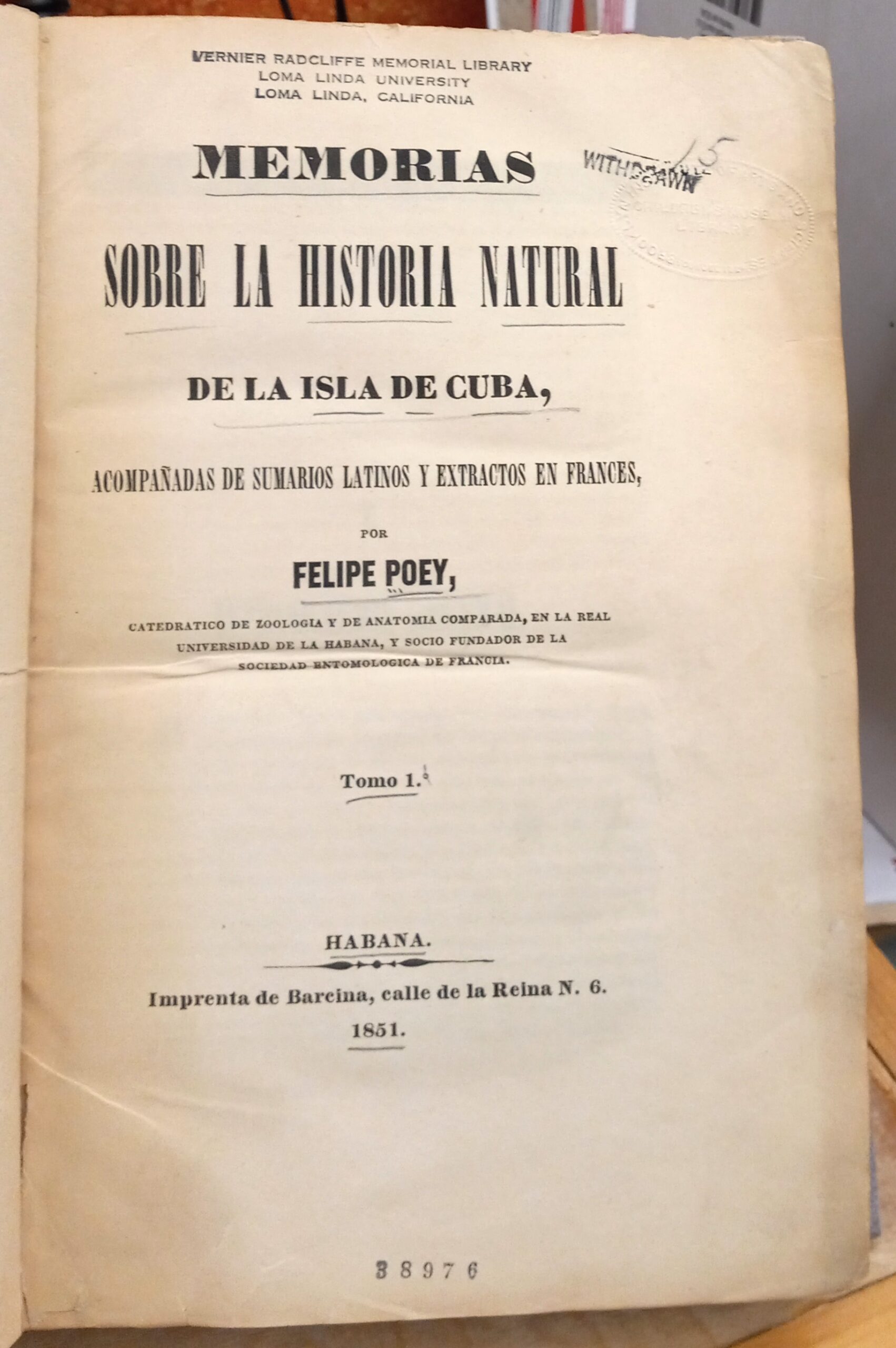 Memorias Sobre La Historia Natural De La Isla De Cuba title page of Volume 1