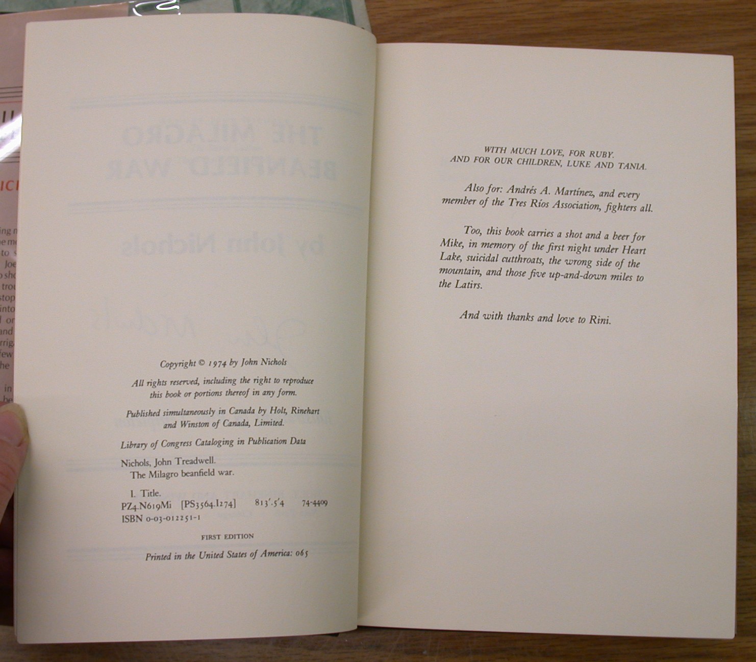 The Milagro Beanfield War copyright and dedication pages