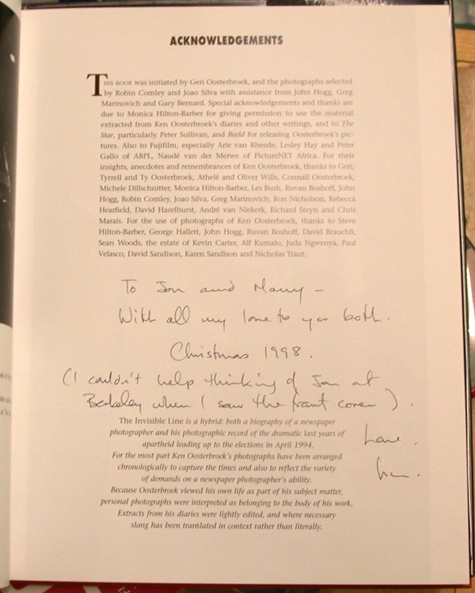 The Invisible Line acknowledgements page with inscription
