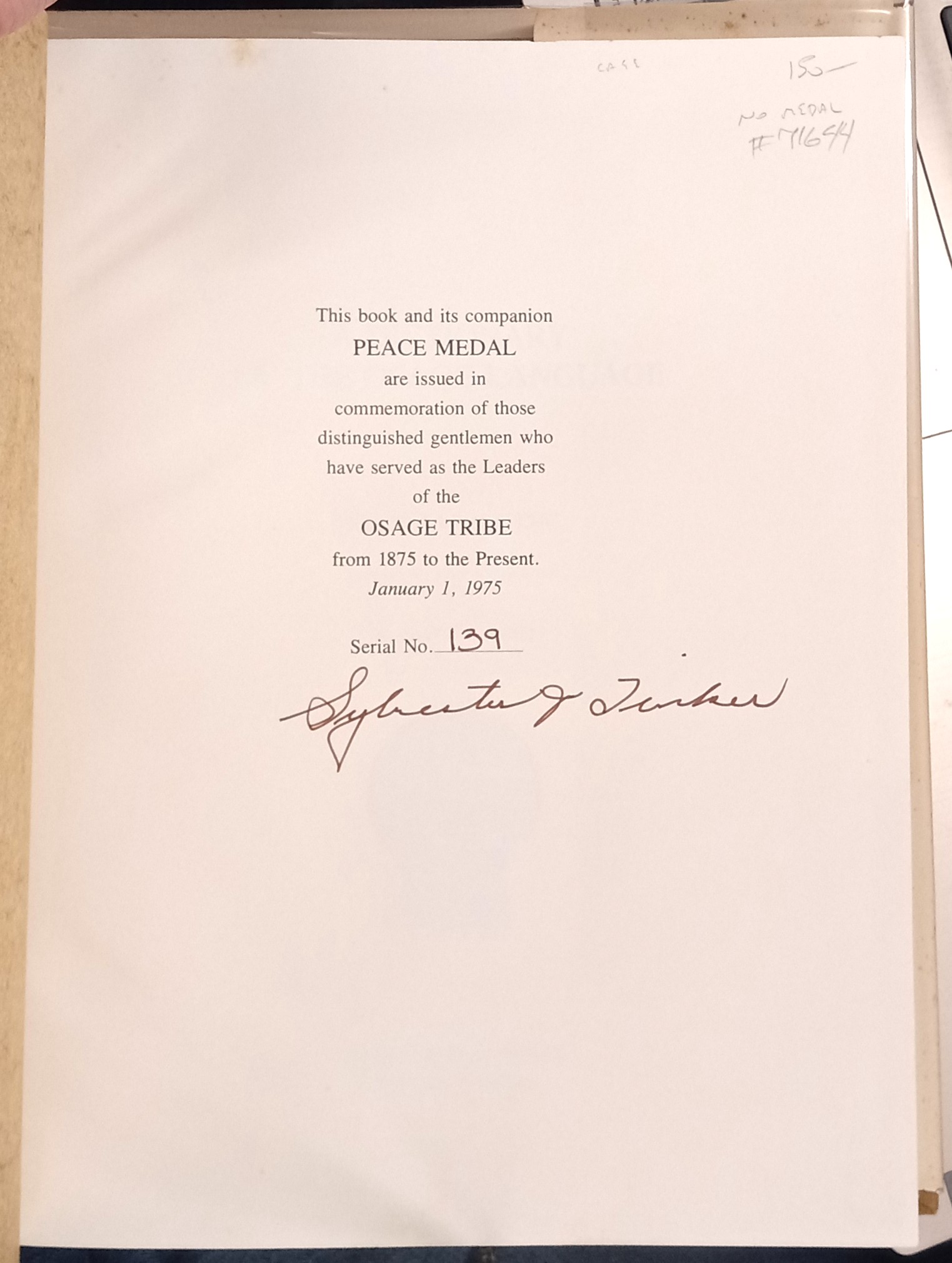 A Dictionary of the Osage Language limitation page with number and signature of Osage chief Sylvester J. Tinker