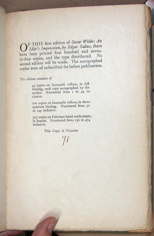 Oscar Wilde An Idler's Impression limitation page