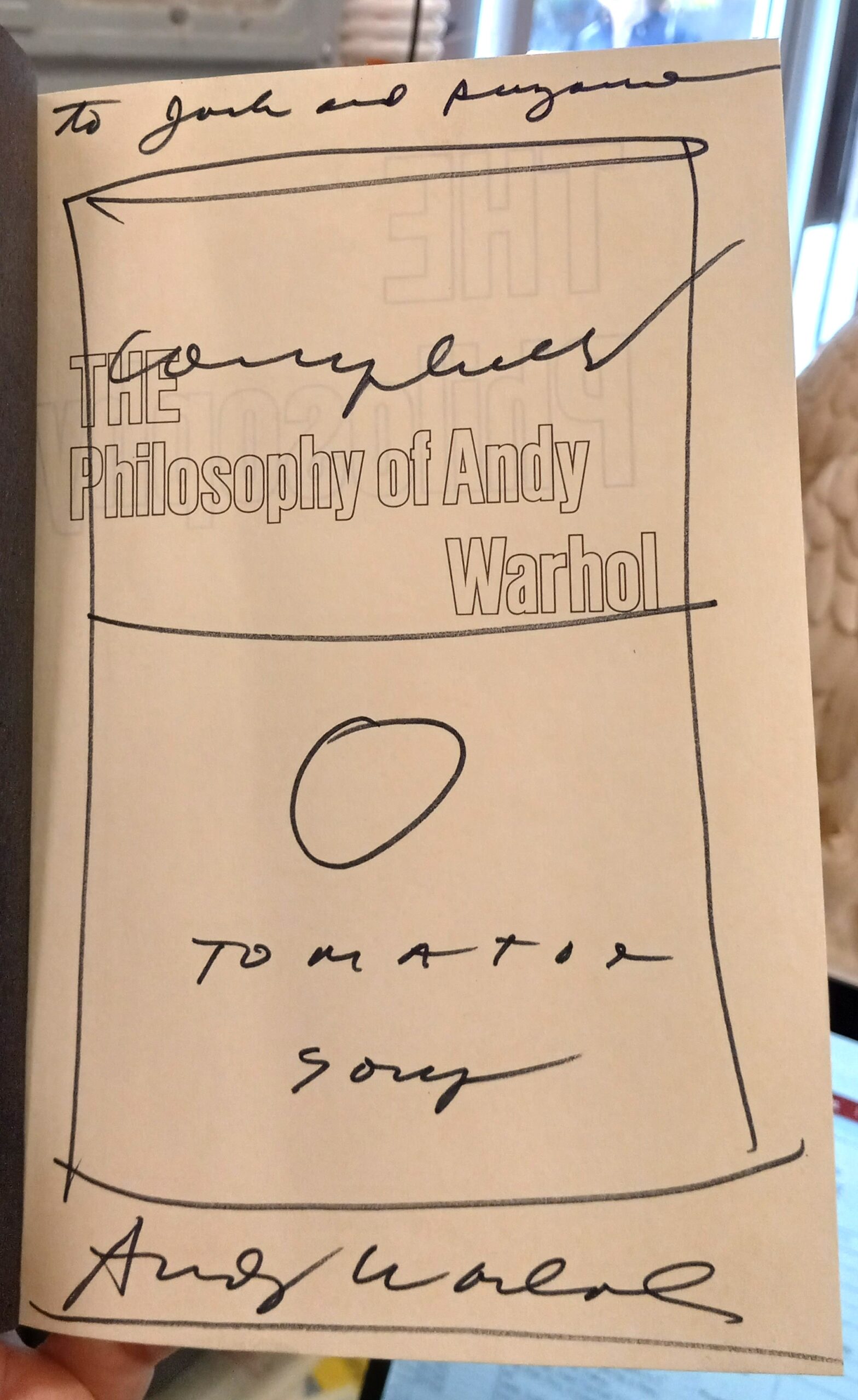 The Philosophy of Andy Warhol half-title page with author's inscription, drawing, and signature