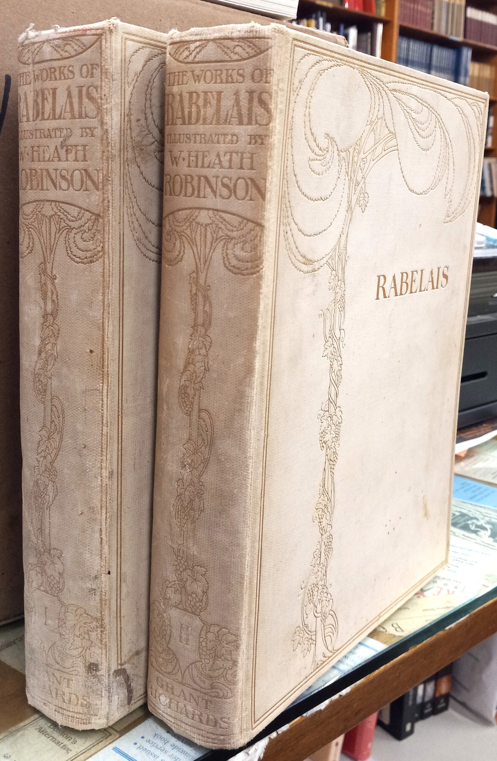 Rabelais spines of both volumes and front board of Volume Two