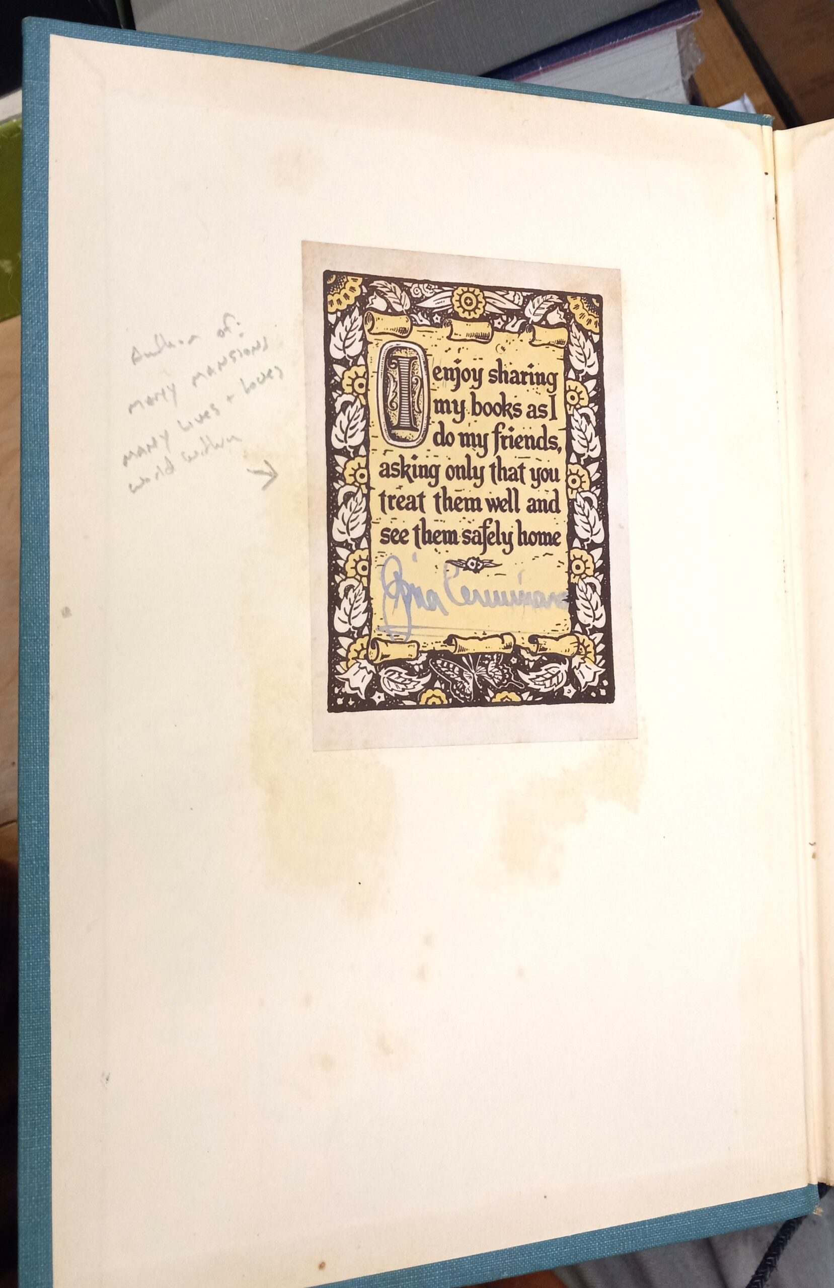 Researches in Reincarnation and Beyond front pastedown with Gina Cerminara's signed book plate