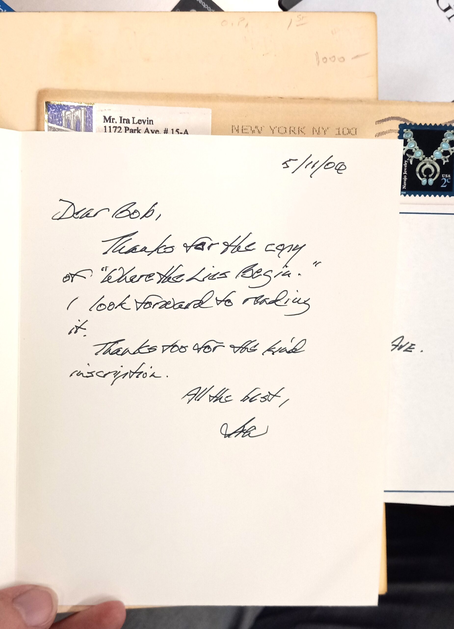 Rosemary's Baby handwritten note from Ira Levin and envelope