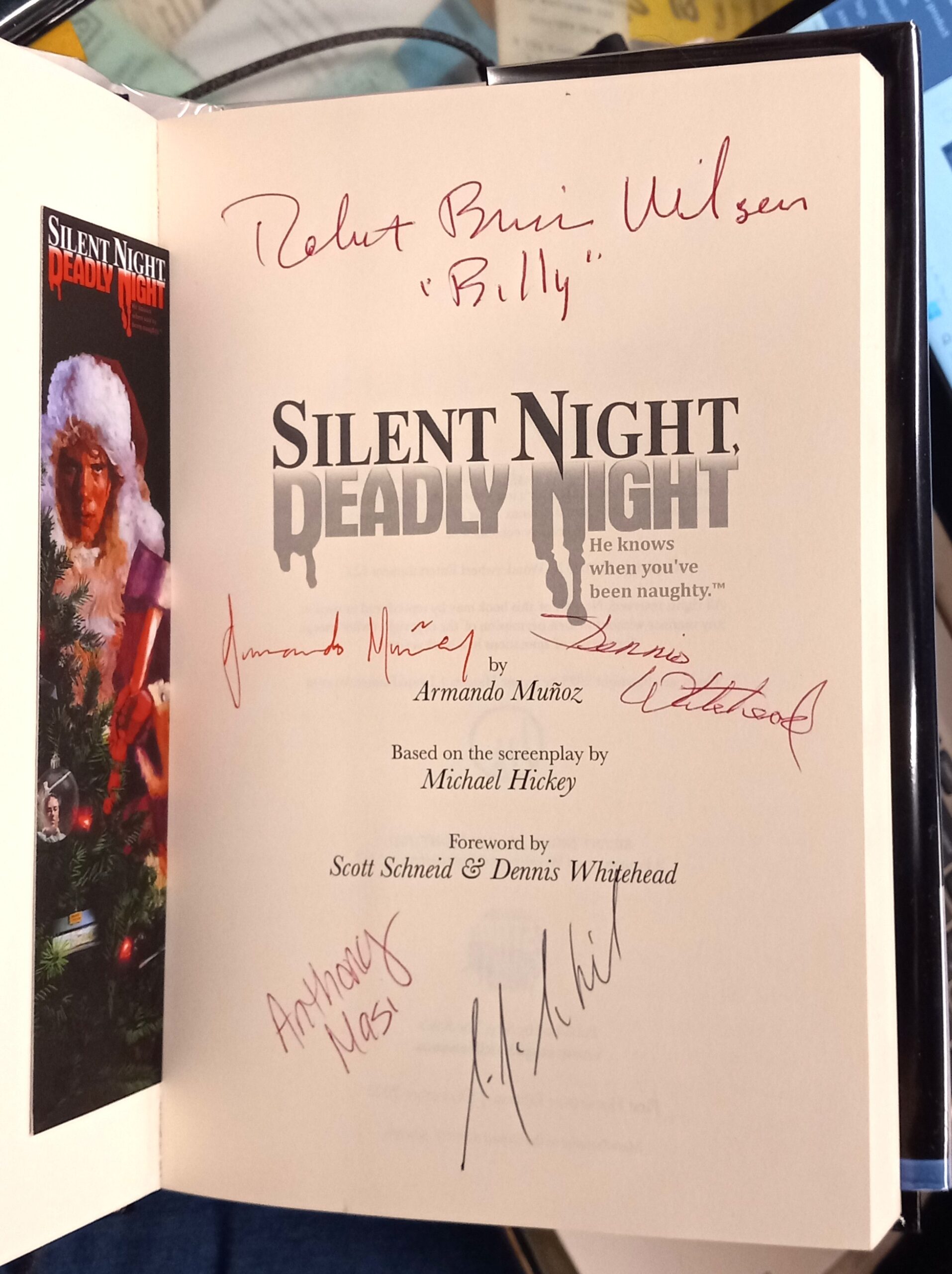 Silent Night, Deadly Night title page with 5 signatures and custom bookmark