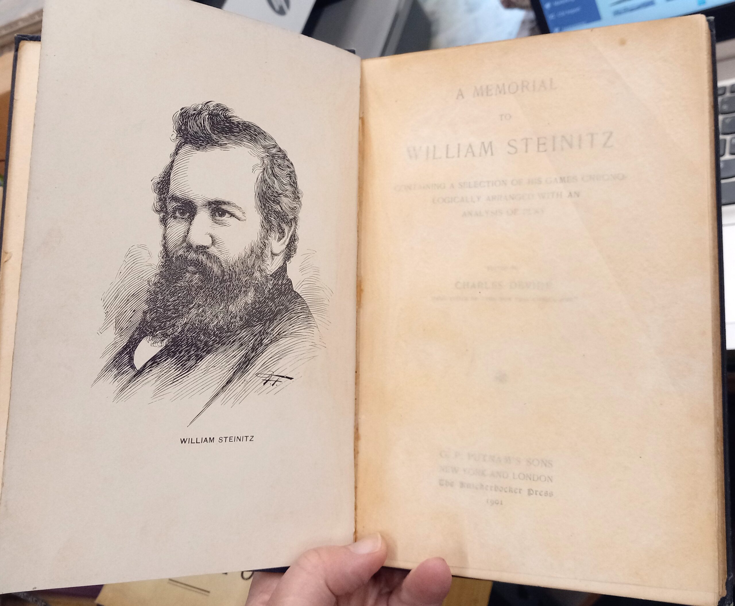 William Steinitz frontispiece and title page under tissue overlay