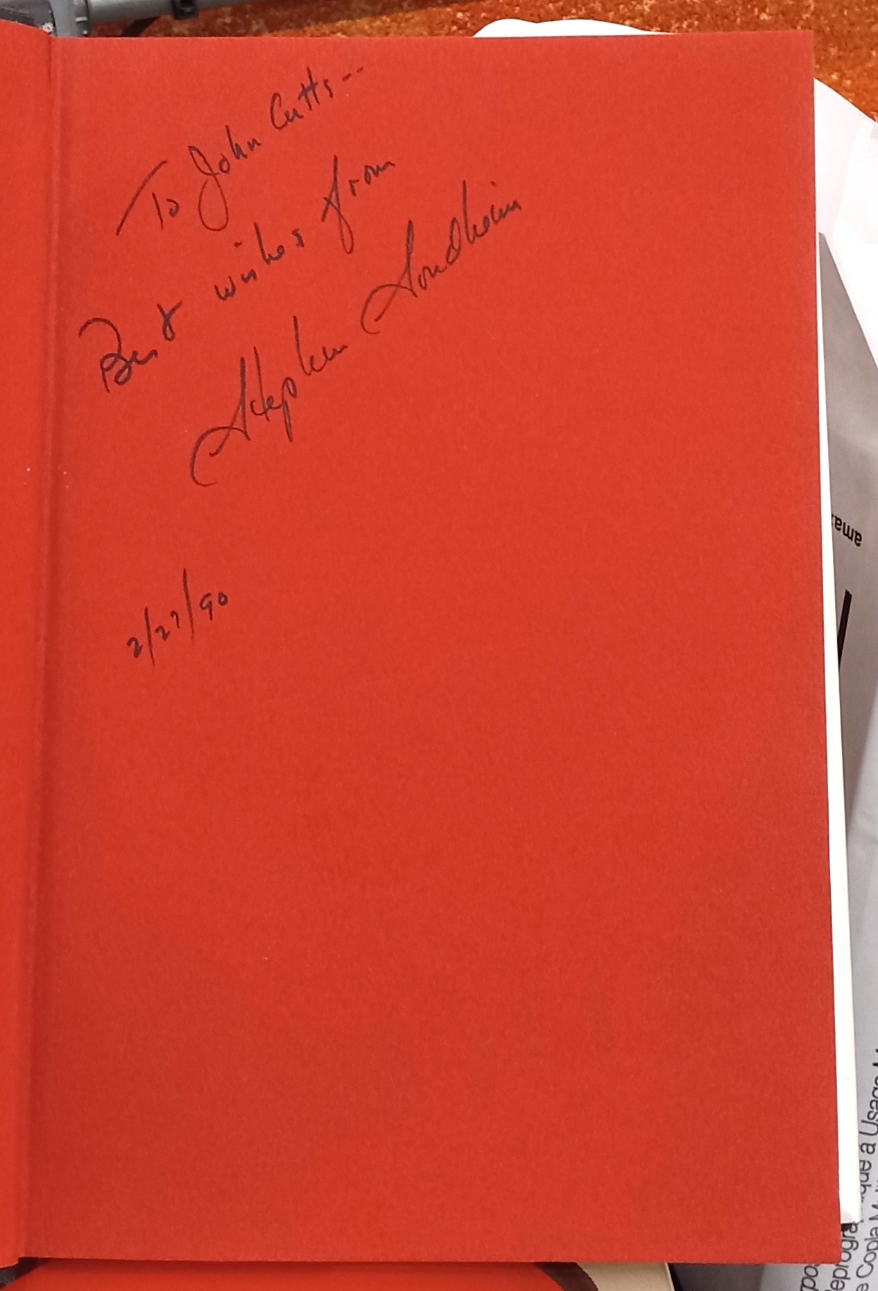 Sweeney Todd front free endpaper with Stephen Sondheim's inscription and signature
