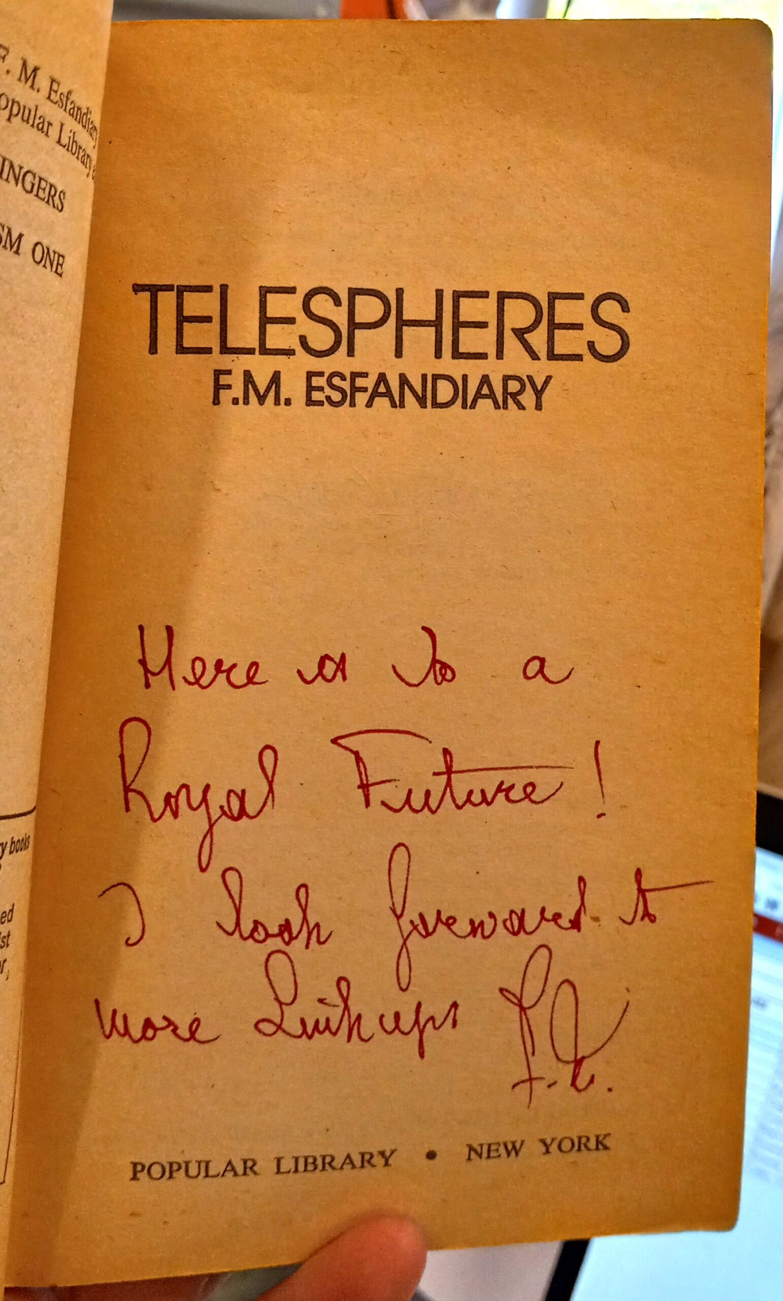 Telespheres title page with author's inscription and signature