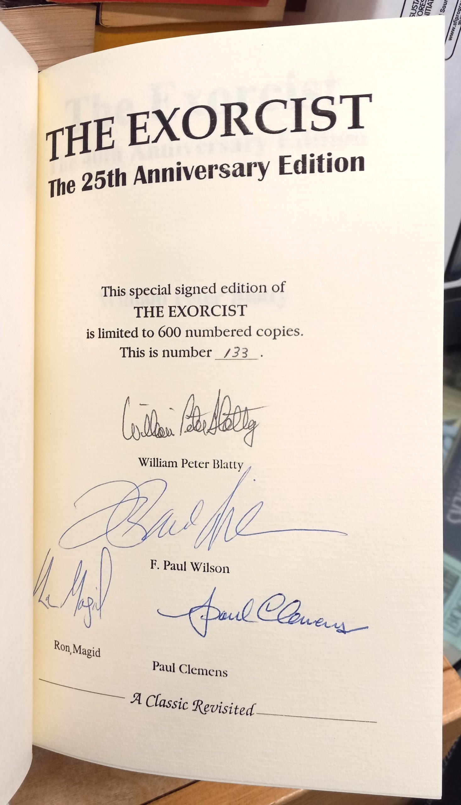 The Exorcist limitation page with signatures of all four authors