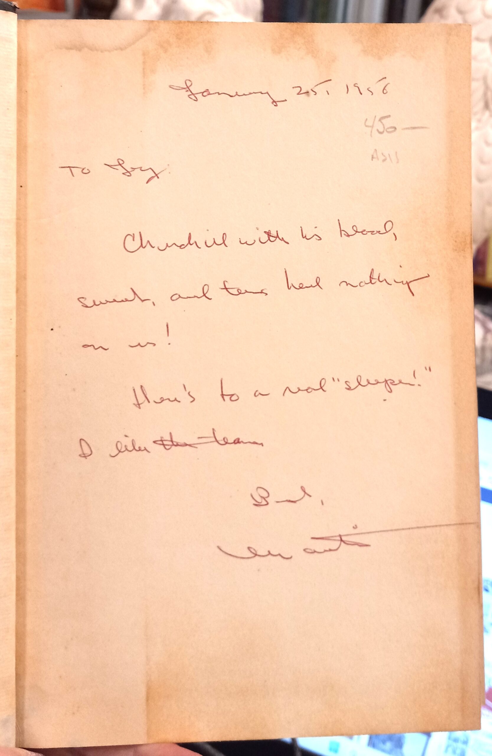 The Long Night front free endpaper with author's inscription and signature
