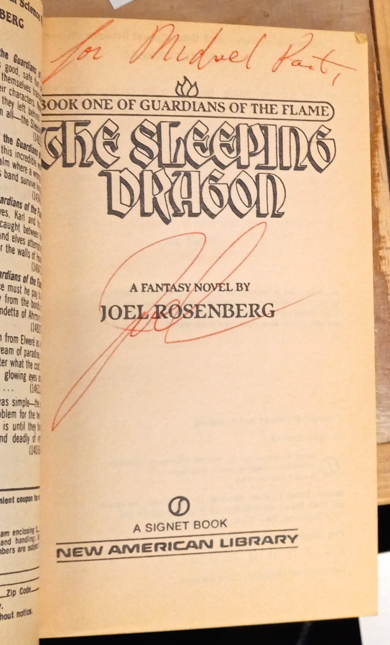 The Sleeping Dragon title page with author's inscription and signature