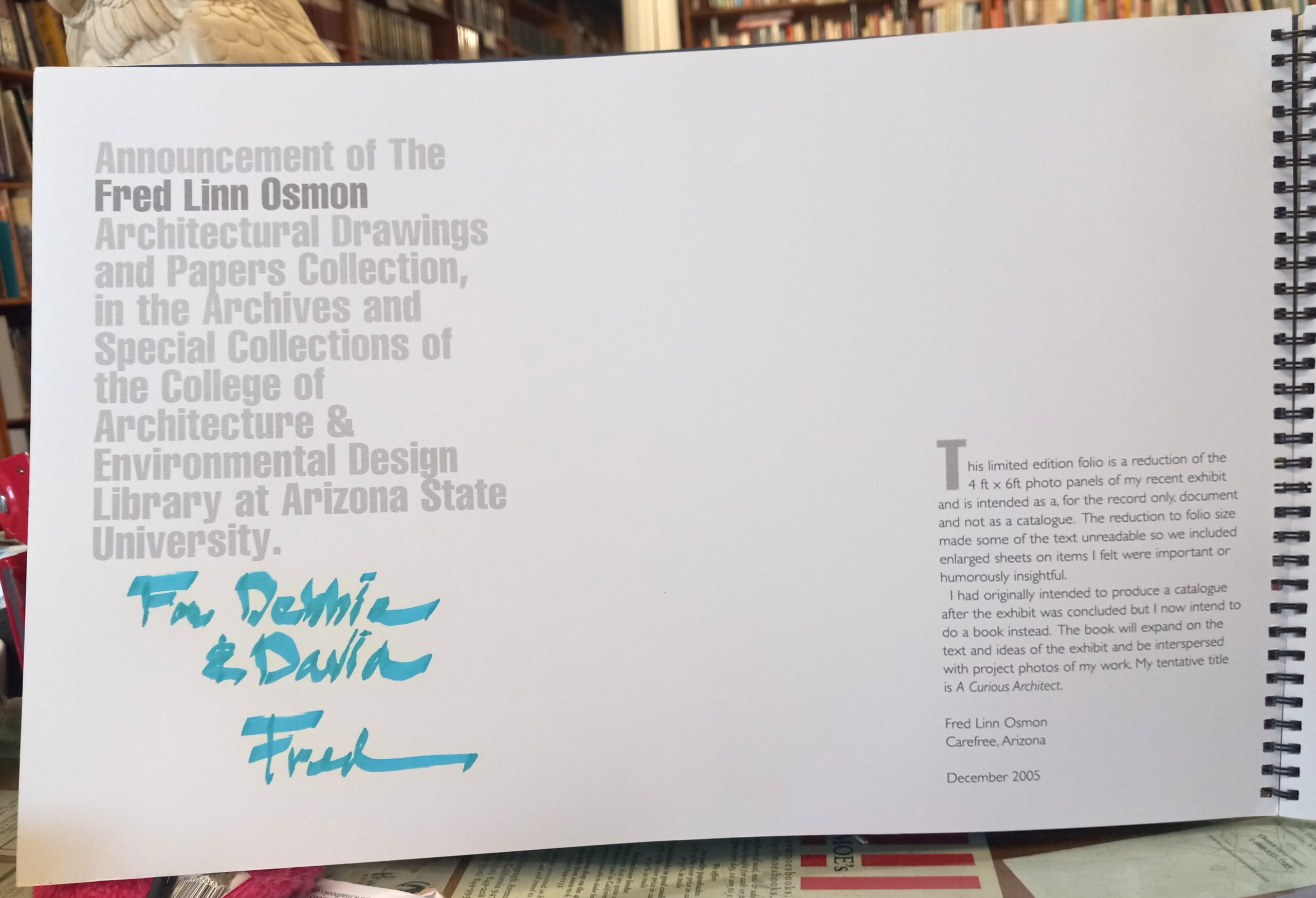 Toward an Architecture Without Permanent Form limitation page with author's inscription and signature