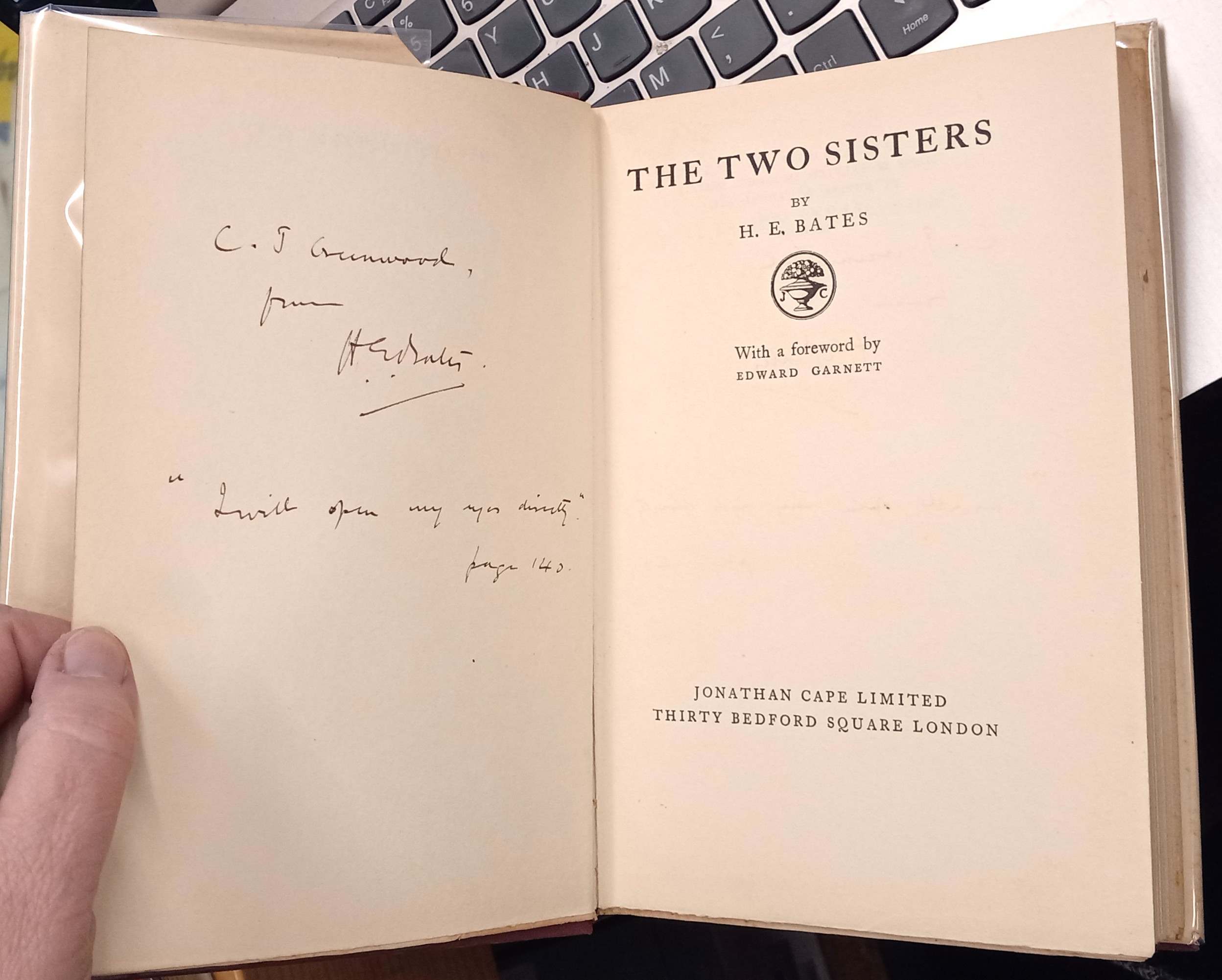 The Two Sisters title page and page with author's inscription and signature