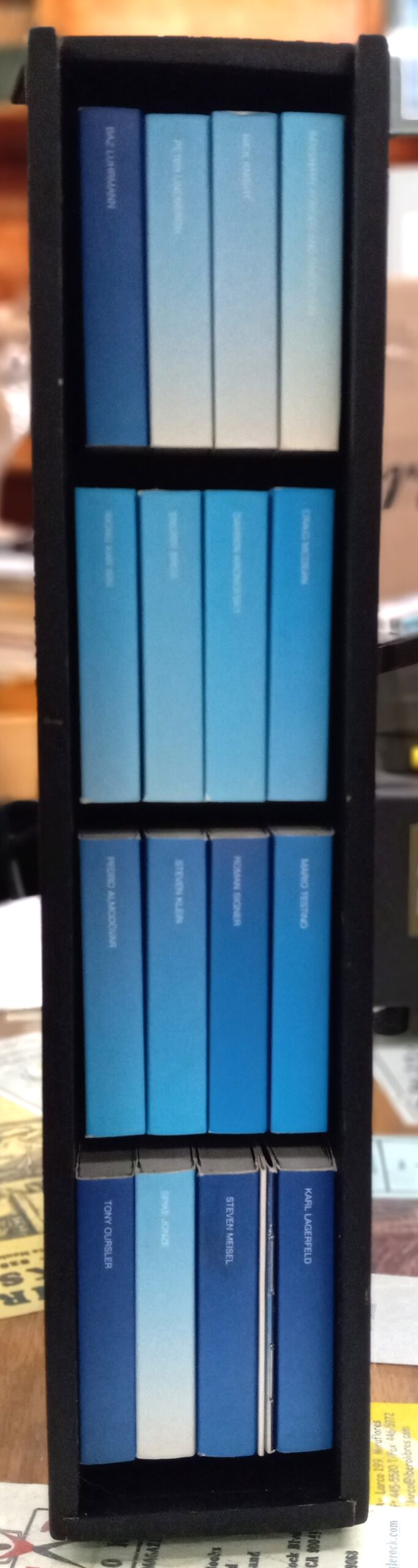 Visionaire 39 side of box with sliding cover removed to show spines of 16 books inside