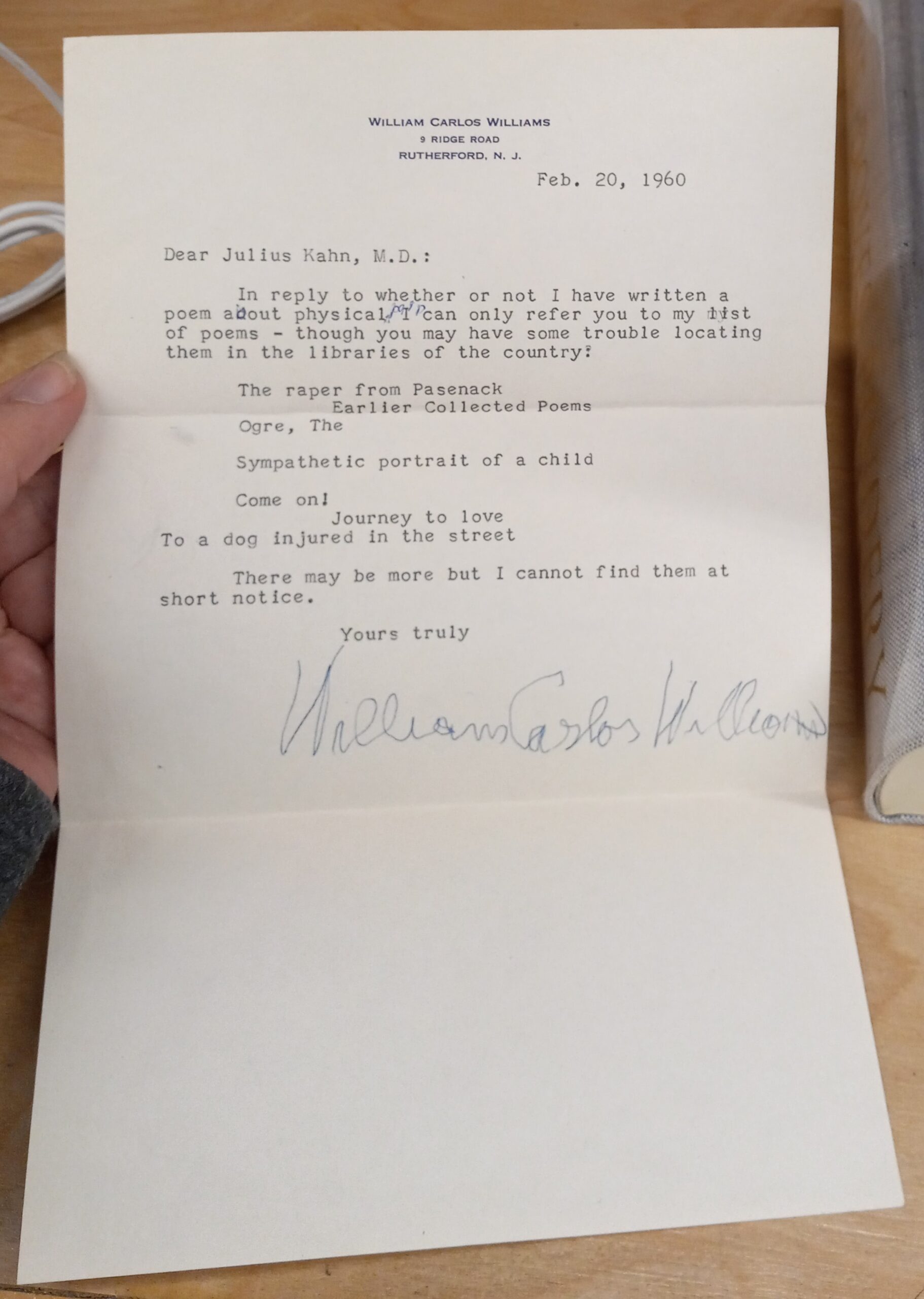 Selected Poems typed letter signed by William Carlos Williams