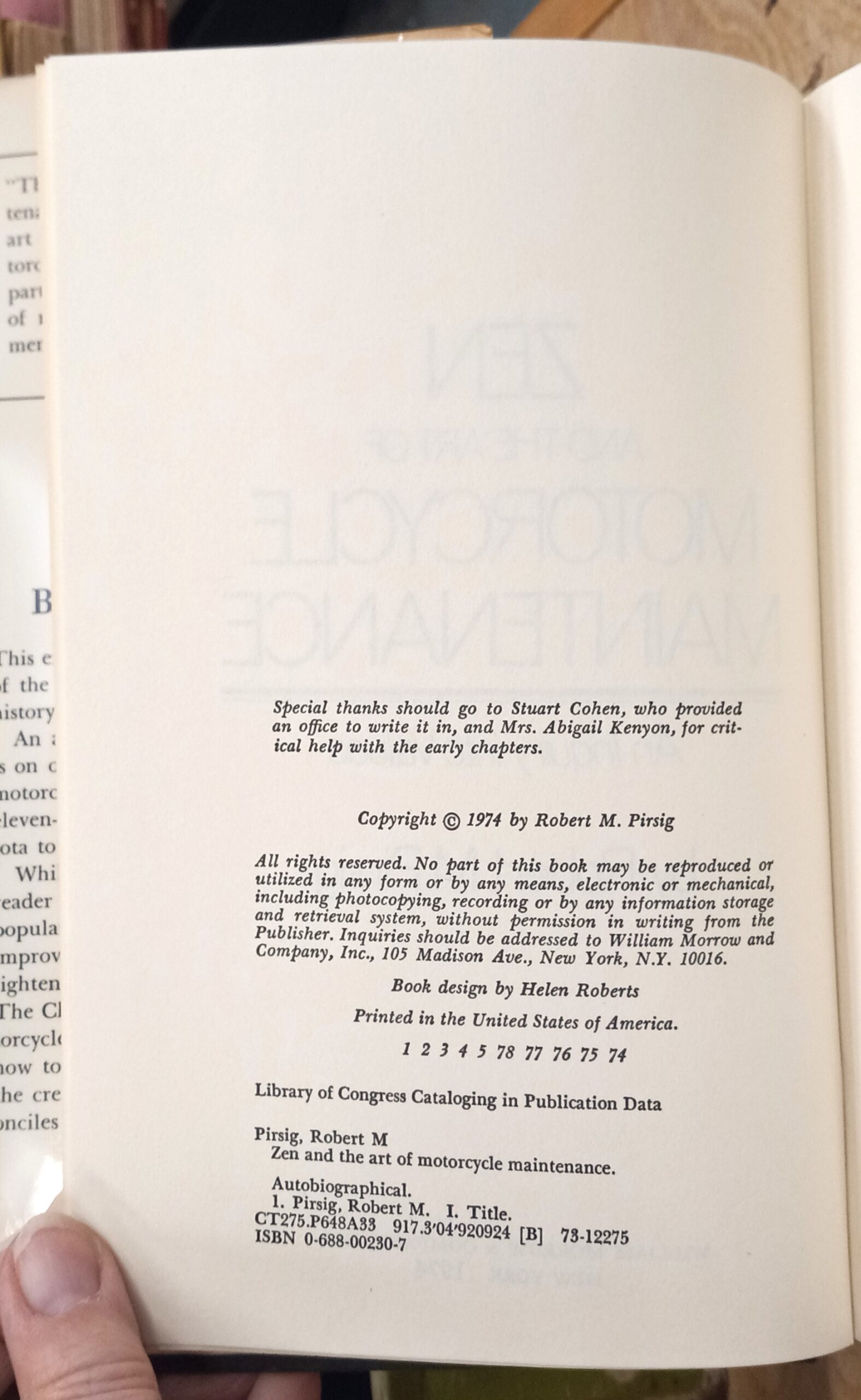 Zen and the Art of Motorcycle Maintenance copyright page