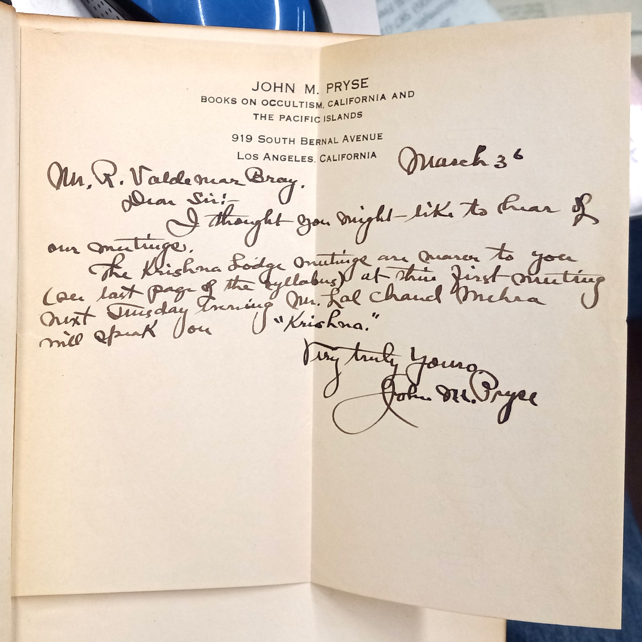 Prometheus Bound handwritten and signed letter from John M. Pryse