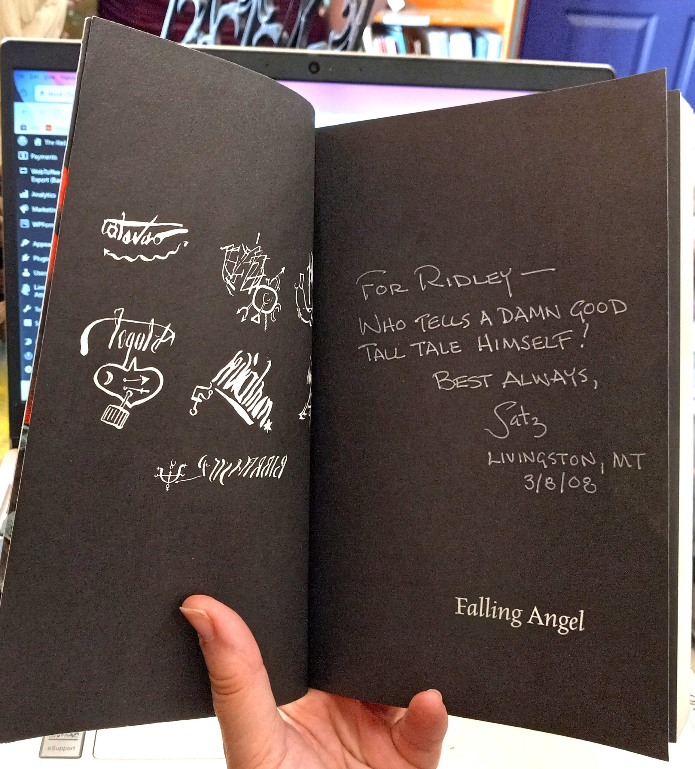 Falling Angel pages with author's inscription and signature