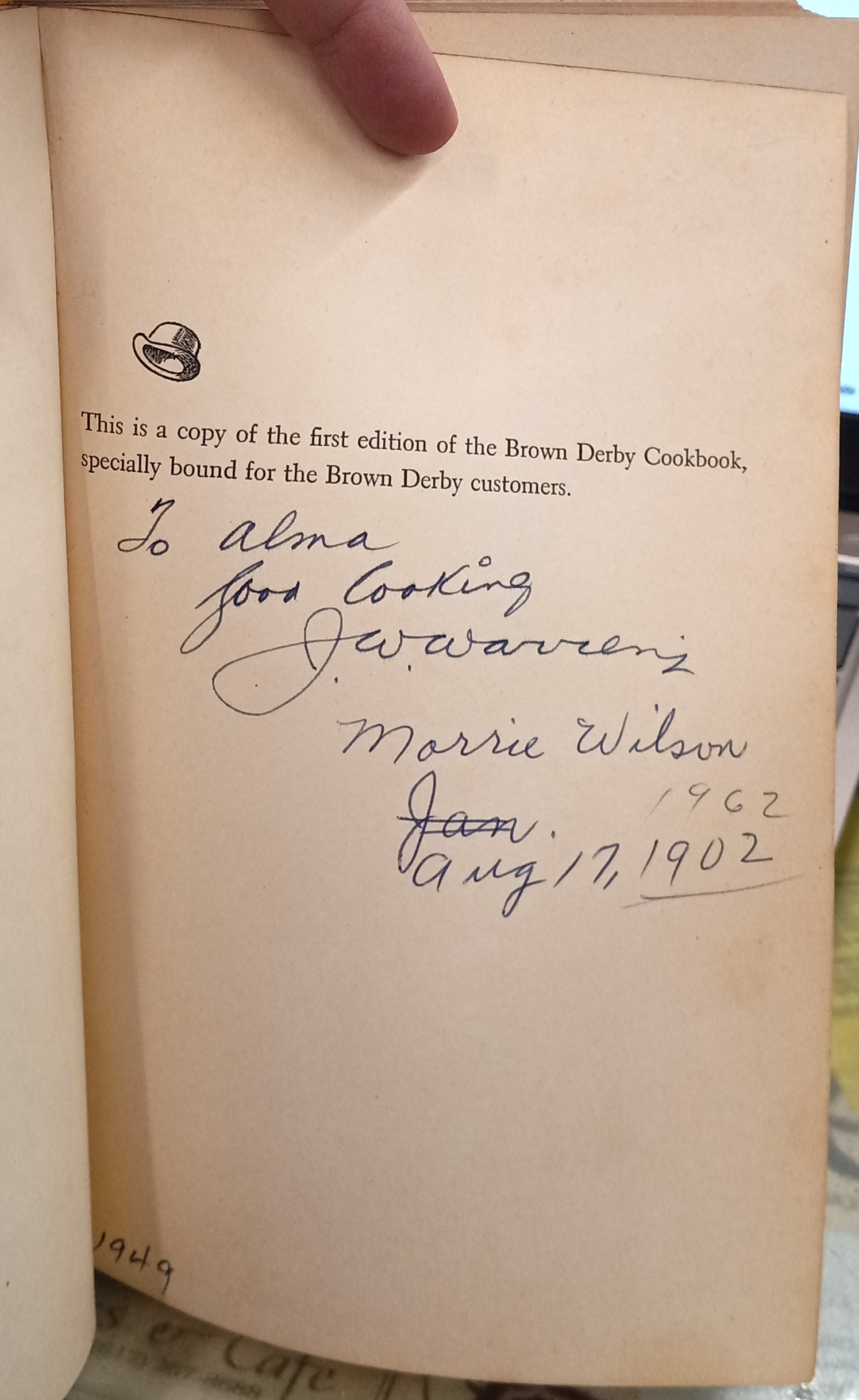 The Brown Derby Cookbook special edition page signed and inscribed by J. W. Warren and one other